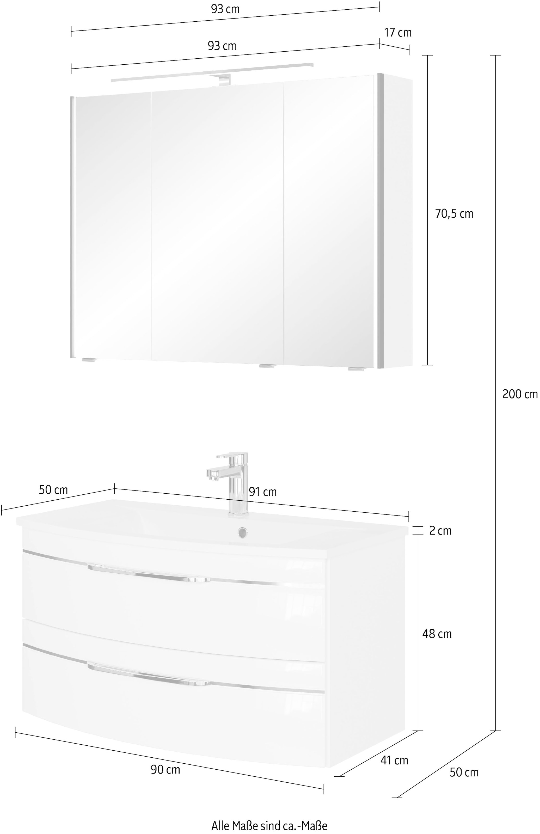 Saphir Badmöbel-Set »Serie 7045 2-teilig Mineralmarmor-Waschtisch mit LED-Spiegelschrank«, (Set, 2 St.), Badezimmer-Set 93,2 cm breit, inkl. Türdämpfer, 3 Türen, 2 Schubladen