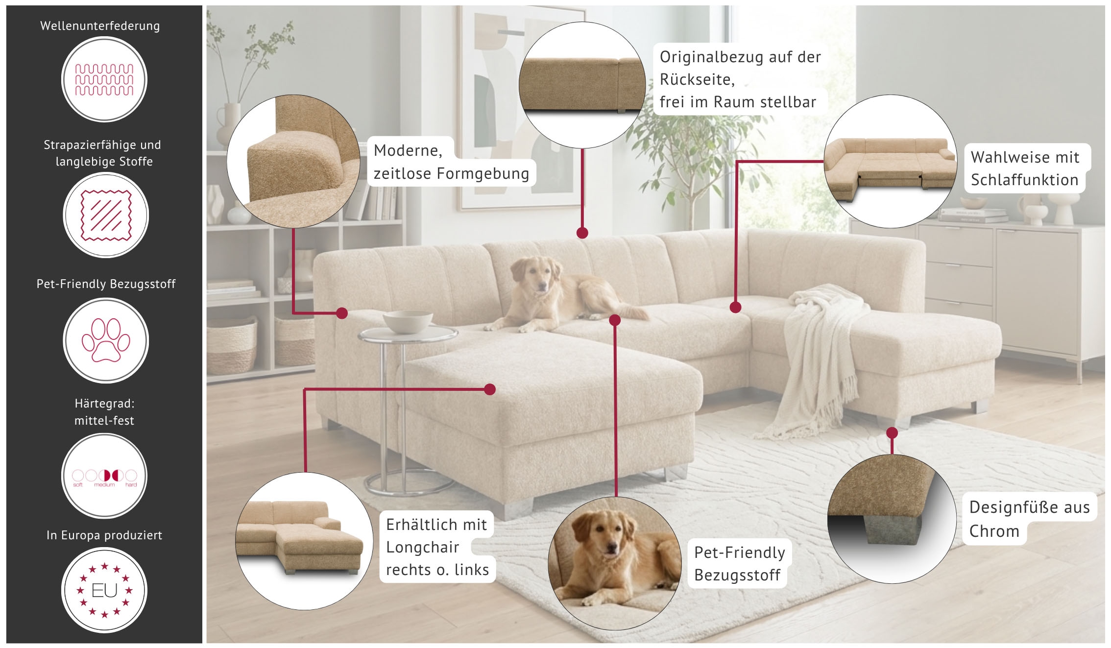 OTTO home Wohnlandschaft »Lolland 296 x 195 cm, modern, mit Steppungen, mittelfester Sitz« U-Form, aus Pet Friendly Bezug