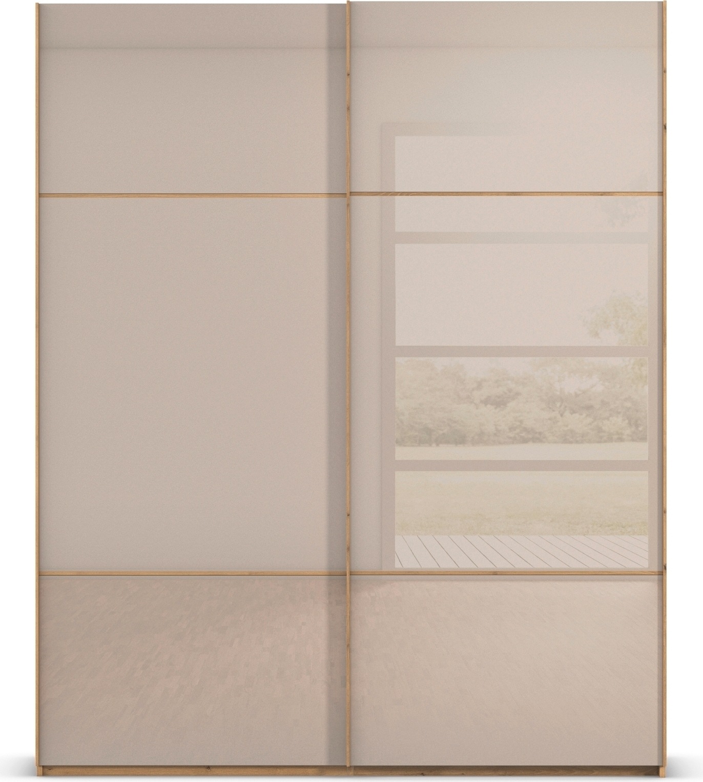 rauch Schwebetürenschrank »Kleiderschrank Schrank Garderobe Schlafzimmerschrank SCALE-TRIO«, edle dreigeteilte Front mit 2 Zierleisten Glasfront MADE IN GERMANY