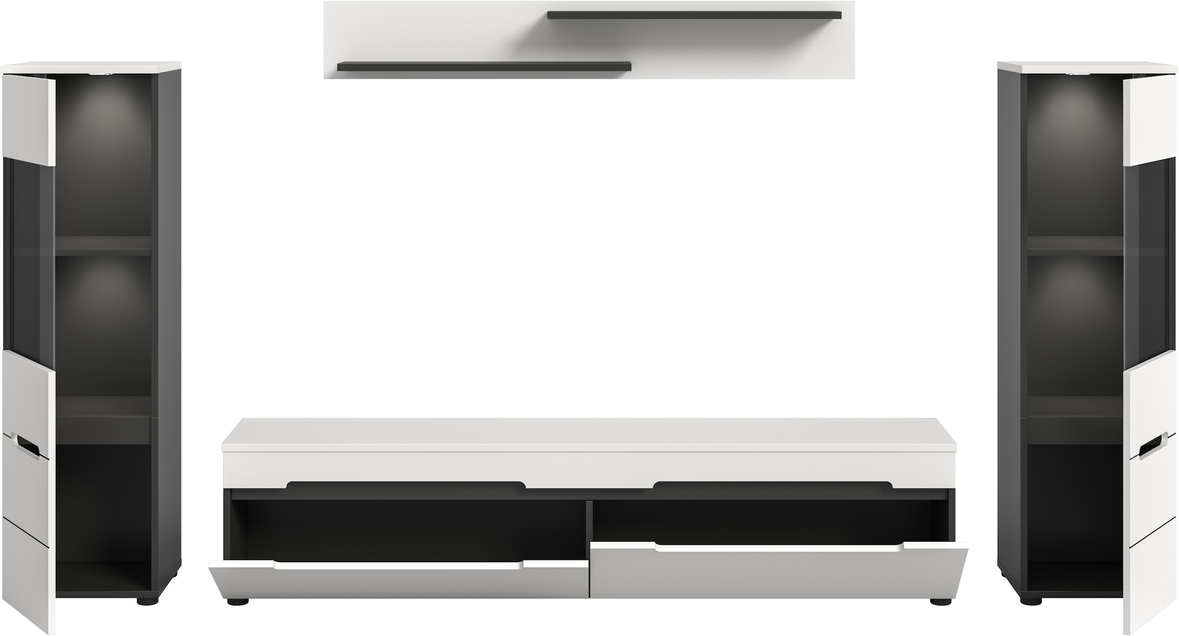 Home affaire Wohnwand »REHAT, TOPSELLER!, 4-teilig, inkl. Beleuchtung, stehend oder hängend« Set bestehend aus: 2x Vitrine inkl. Beleuchtung, Lowboard & Wandboard, 4 Stk. tlg.