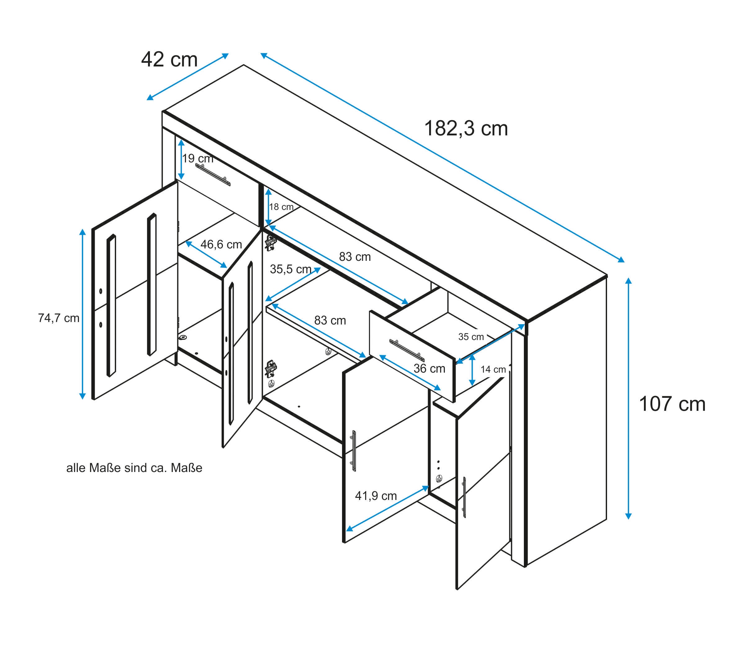 VOGL Möbelfabrik Highboard »Toronto«, opt. Glastüren, teilmassiv, Rahmenoptik, Made in Germany