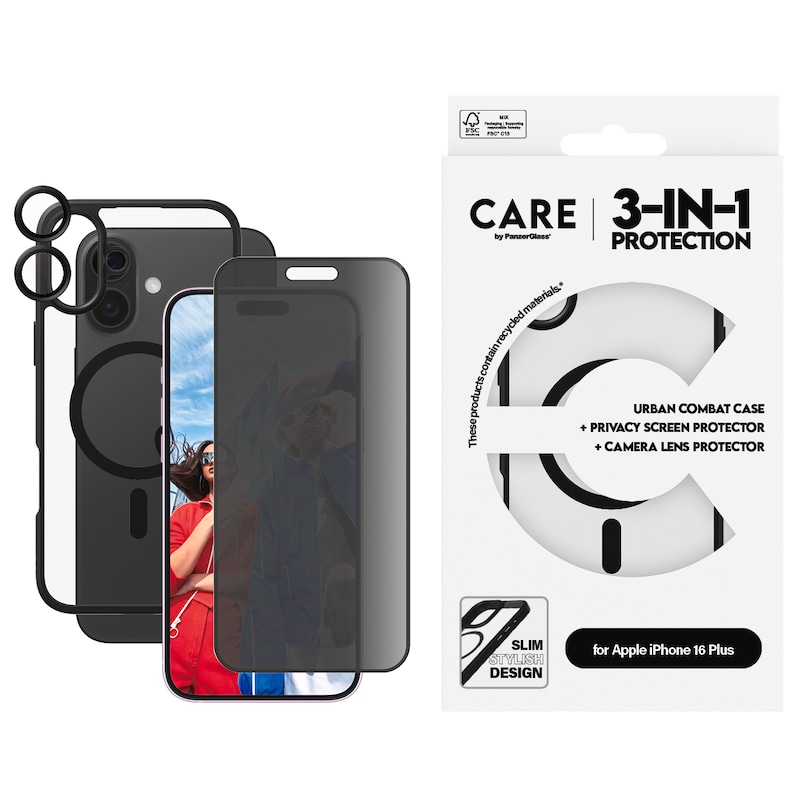 CARE BY PANZERGLASS Displayschutzglas »3-in-1 Protection, Privacy Glass, Case, Lens Cover« für Apple iPhone 16 Plus Displayschutzfolie,...