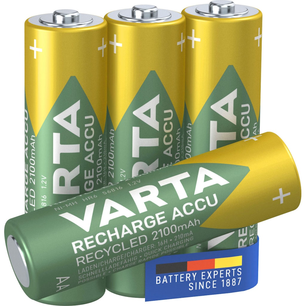 VARTA wiederaufladbare Batterien »wiederaufladbare Akkus«, 1,2 V, (Packung, 4 St.), VARTA Recharge Accu Recycled, Ready-To-Use vorgeladener AA Micro Ni-MH Akku (4er Pack, 2100mAh) - aus 11% recyceltem Material - wiederaufladbar ohne Memory Effekt