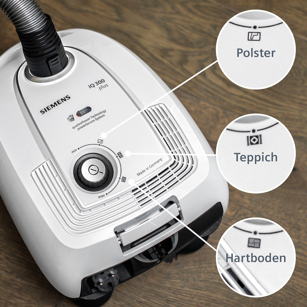 SIEMENS Bodenstaubsauger »iQ300 plus VSP3T212, Made in Germany, Hygiene-Filter, kompakt«, 900 W, mit Beutel, für Hartboden/Teppich, Turbodüse, XXL-Polsterdüse, langes Kabel, weiß