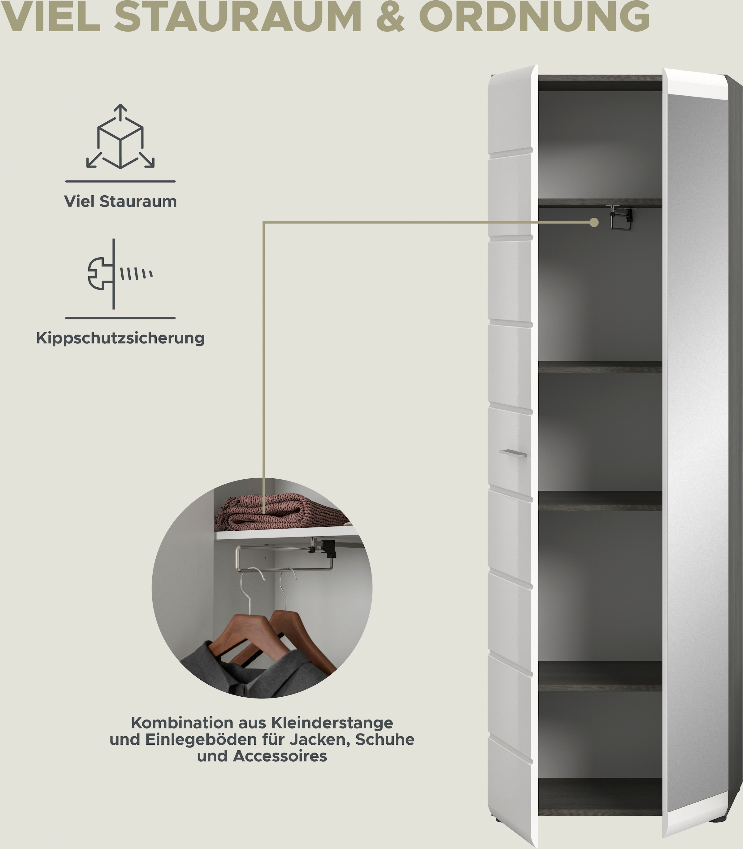 INOSIGN Garderobenschrank »Rumba, Höhe 192 cm, 1 Hochglanz Tür, 1 Spiegeltür, 4 Einlegeböden,«, 1 Kleiderstange, Stauraumschrank, Flurschrank, Flurmöbel