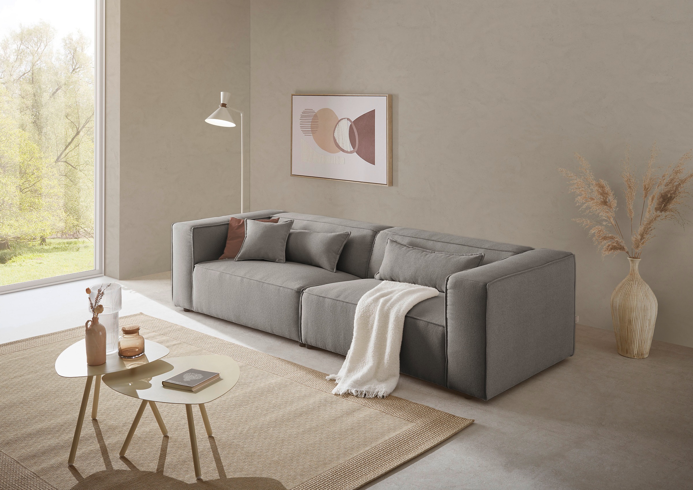 LeGer Home by Lena Gercke 3-Sitzer »PIARA, Couch mit Kedernaht, Sofa in Cord oder Leinenoptik«, schwarze Füße, bequemer Sitzkomfort