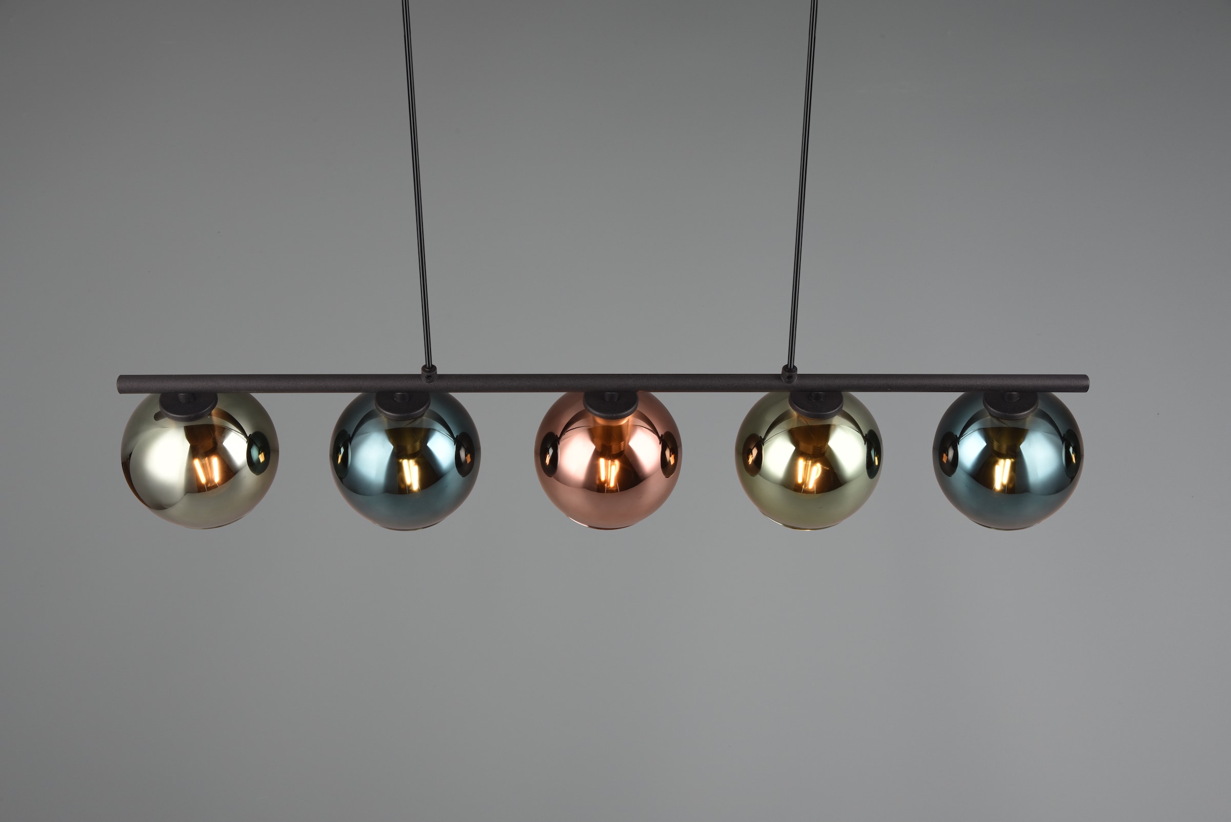 REALITY Leuchten Pendelleuchte »SHELDON, Hängelampe 5-flammig exkl 5x E14 max 10W höhenverstellbar«, 5 flammig, Leuchtmittel E14 | Leuchtmittel wechselbar, Metall Hängeleuchte mit bunten Glasschirmen Lampe Esszimmer Wohnzimmer