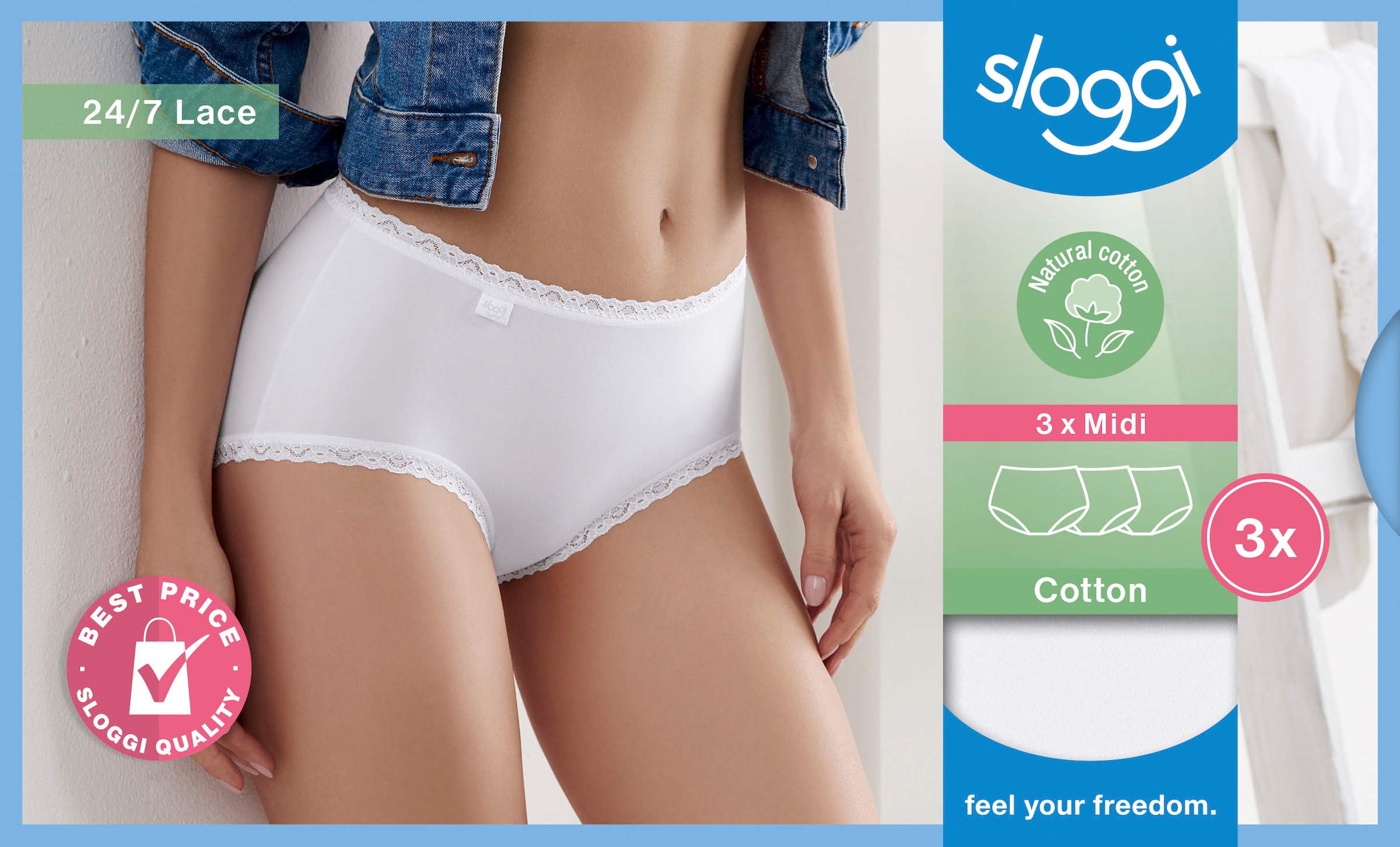 sloggi Midislip »24/7 Cotton Lace«, (3er Pack), mit zarter Spitze, Baumwollmischung. blickdicht, hüftiger Schnitt