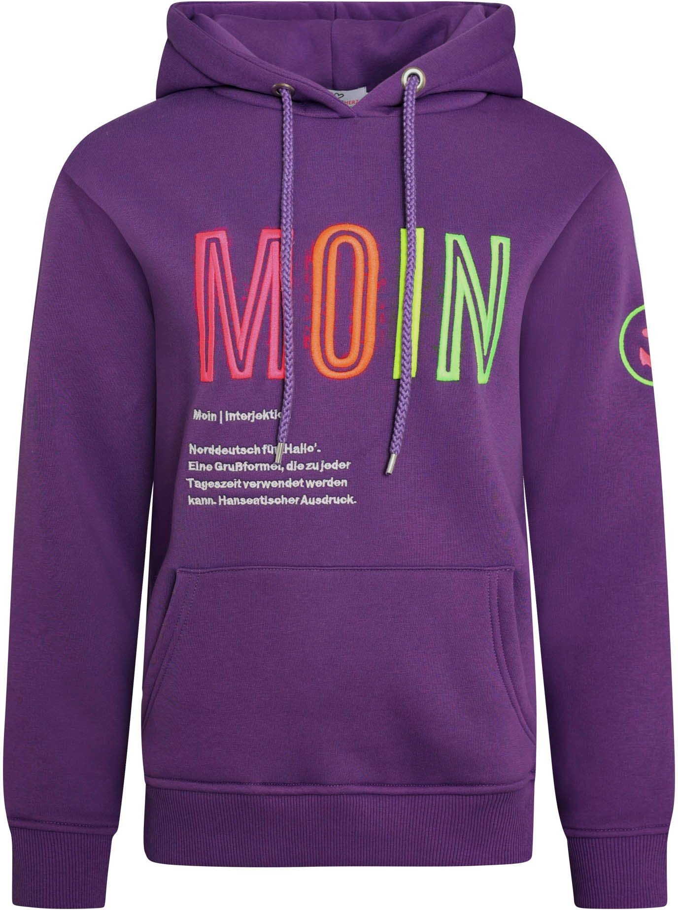 Zwillingsherz Sweat-Hoodie, mit aufgesticktem "MOIN"-Schriftzug in Neonfarben
