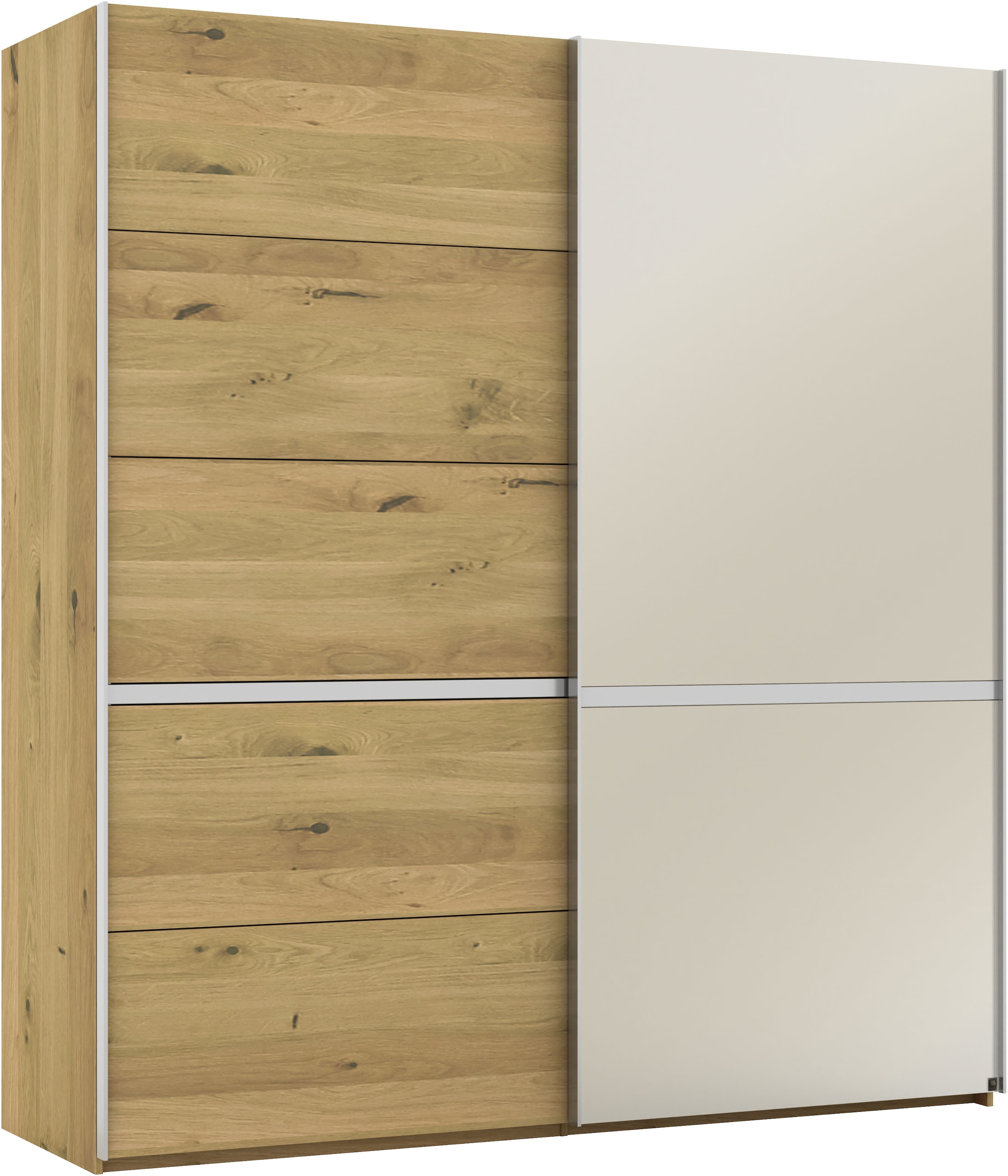 Musterring Schwebetürenschrank »Savona, Kleiderschrank, Schrank, Garderobe, mit Schiebetüren«, (Teilmassiv Bianco-Eiche, mit Spiegel oder Glas, MADE IN GERMANY), Türen Bianco-Eiche massiv, Spiegel-/Glastüren, eingelegte Chromleiste