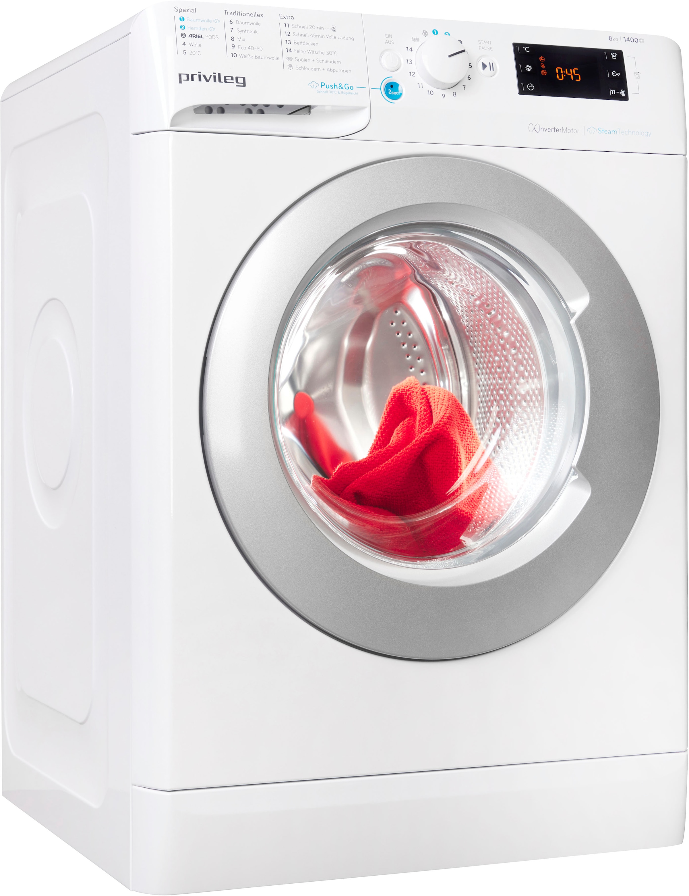 Privileg Waschmaschine »PWFV X 853 A«, PWFV X 853 A, 8 kg, 1400 U/min, Dampf-Programme für Baumwolle und Hemden – glättet die Fasern