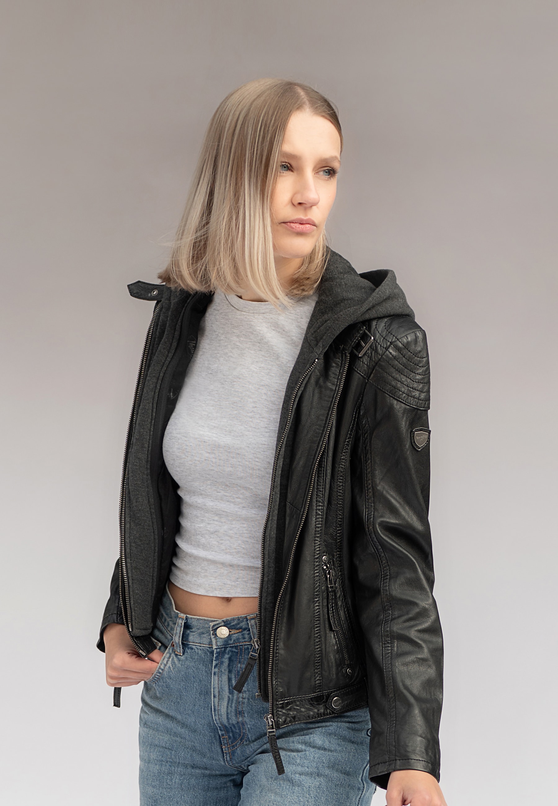 Mauritius Lederjacke »Cacey LEGV« mit Kapuze mti Kapuze, Reißverschluss, Ziersteppung