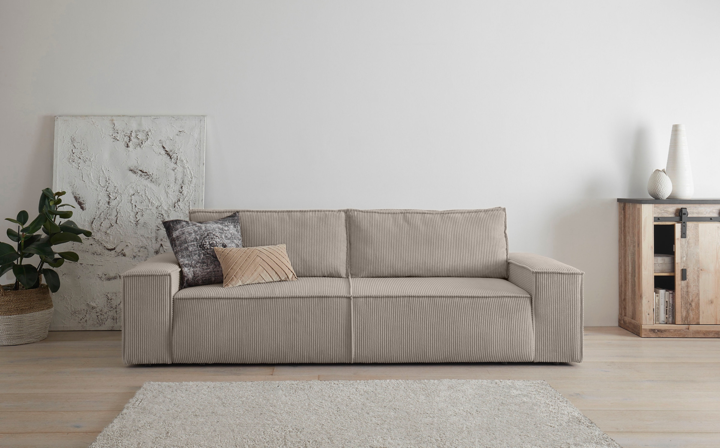 Home affaire 3-Sitzer »SHERWOOD Schlafsofa (257cm) Cord, Samtvelours, Vintage-Lederoptik«, Schlaffunktion mit Bettkasten (ca. 136/200cm)