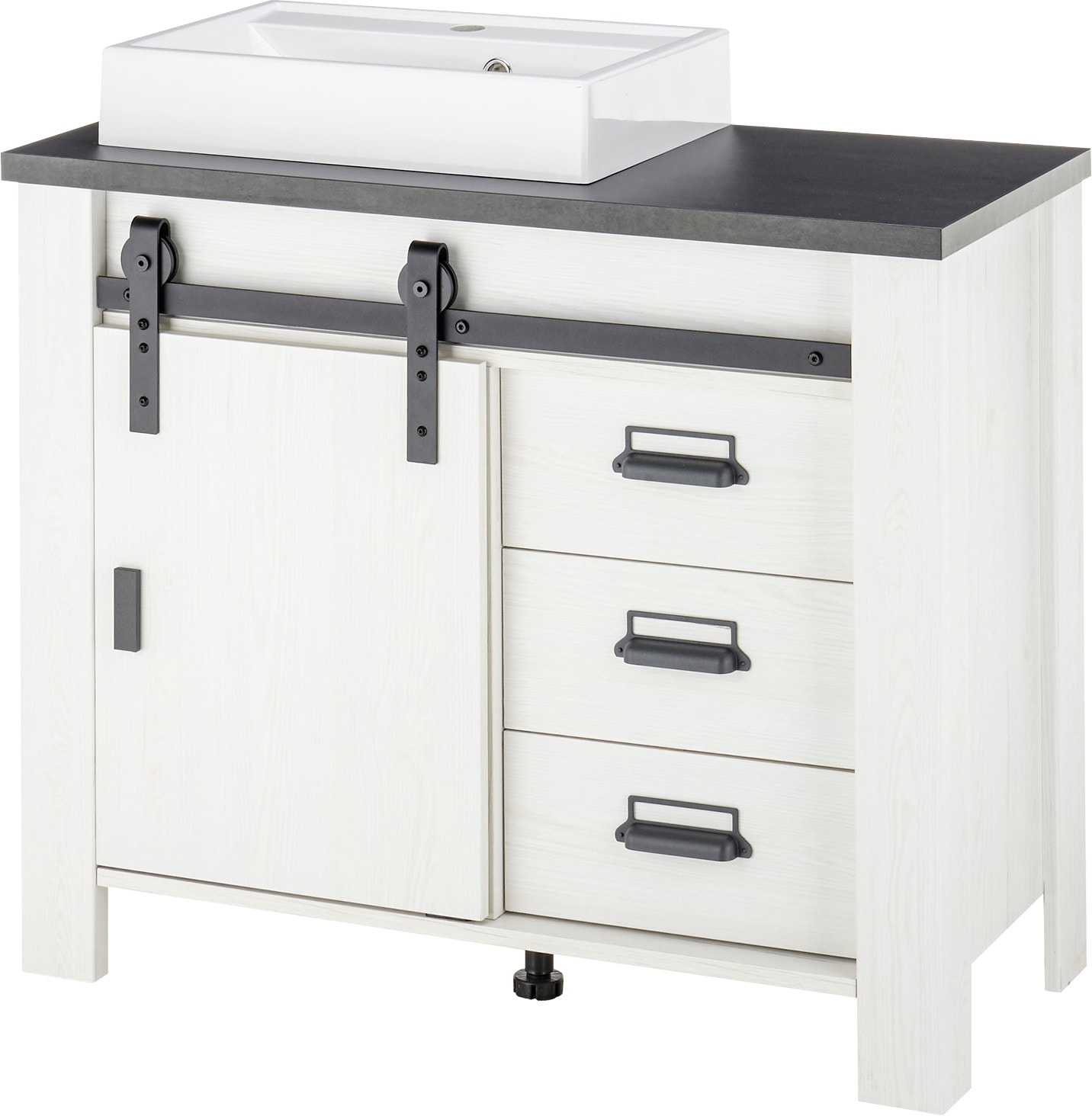 HOME AFFAIRE Waschtisch »SHERWOOD, Waschbeckenunterschrank inkl. Waschbecken« 1 Stk. tlg. in 2 Farben verfügbar, Scheunentorbeschlag &...