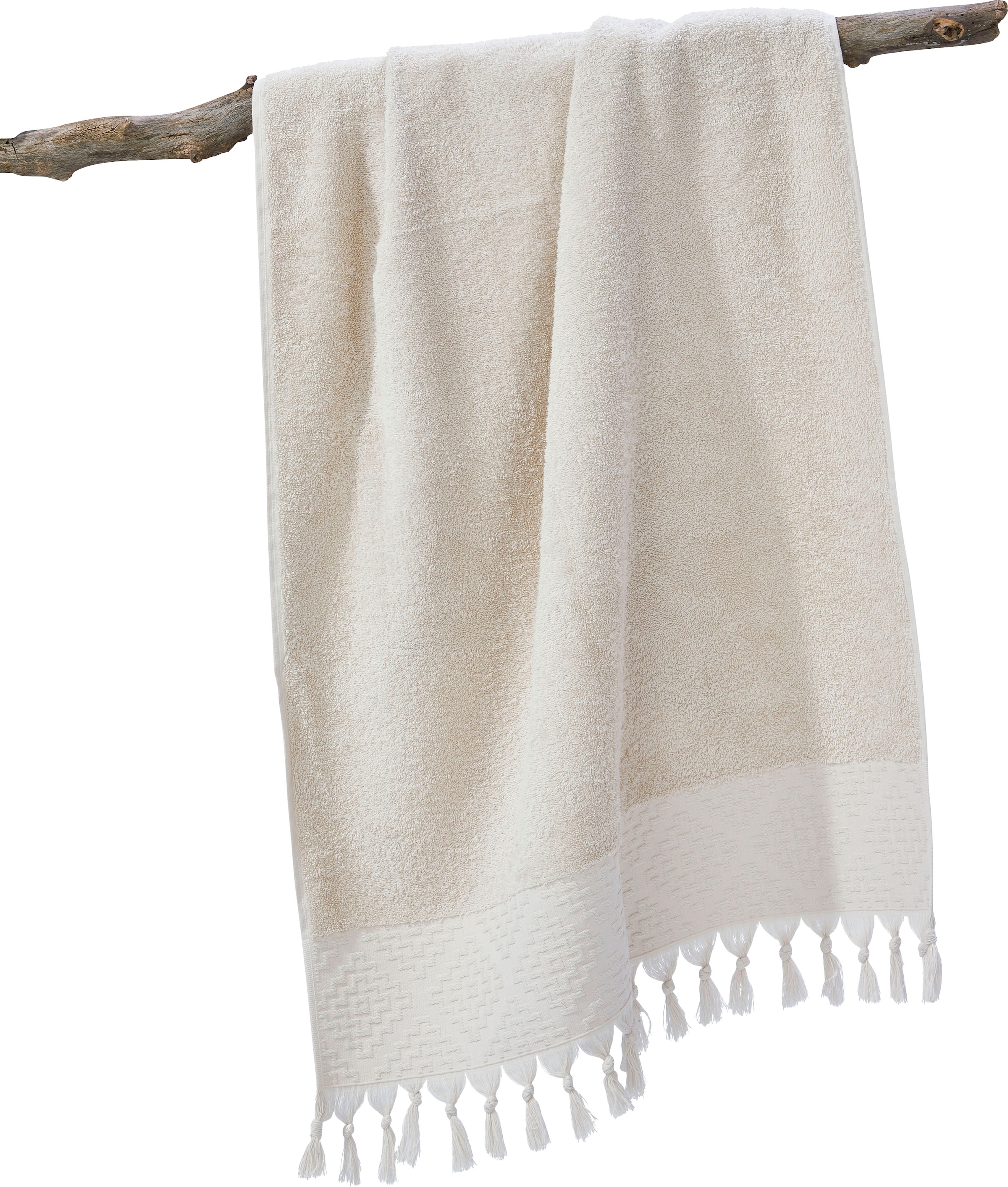 done.® Duschtuch »Provence Bohéme« Uni Farben, Boho-Style, mit auffälliger Borte & Fransen