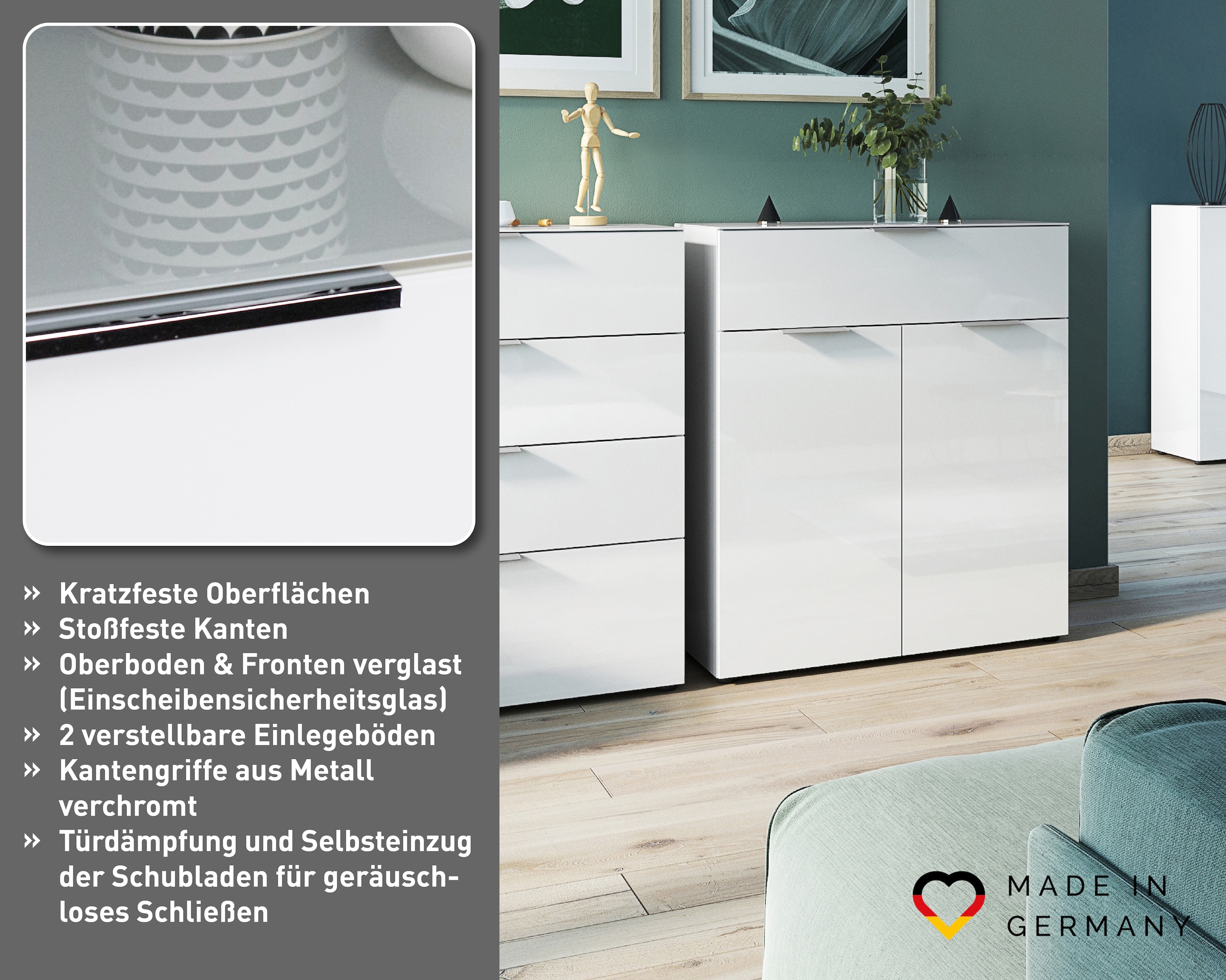 GERMANIA Kombikommode »Oakland mit Glasauflagen,« Breite 83 cm, mit Schubladen, in vers. Varianten