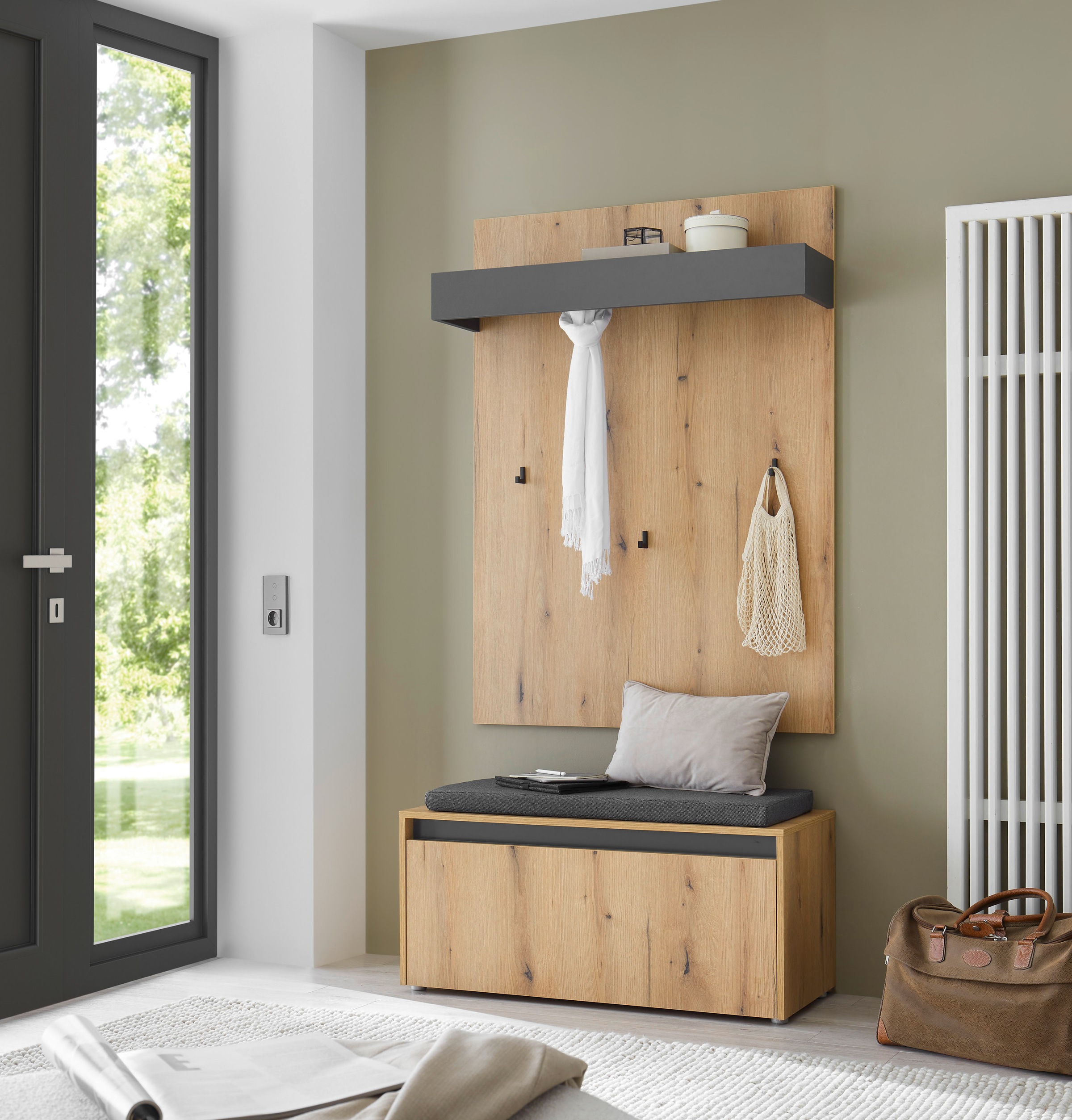 INOSIGN Garderoben-Set »GIRON/CiTY, moderne Garderobe, Komplettset mit viel Stauraum«, (Komplett-Set, 2 St.), enthält Garderobenpaneel & Schuhbank inkl. Sitzkissen, 100 cm breit