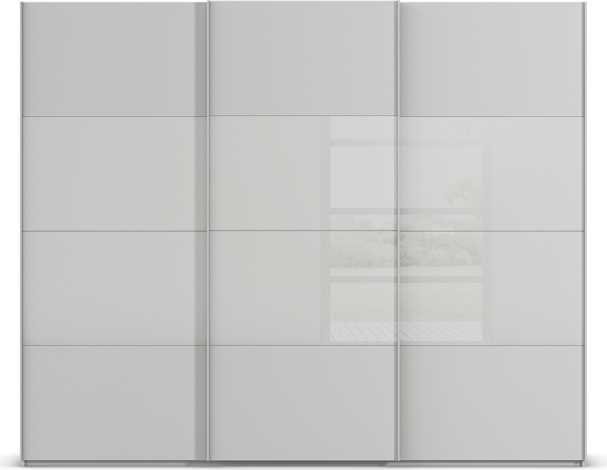 rauch Schwebetürenschrank »Kleiderschrank Schrank Garderobe Schlafzimmerschrank SCALE-FYRA«, edle Türen viergeteilt Glas matt/glänzend viele Farben MADE IN GERMANY