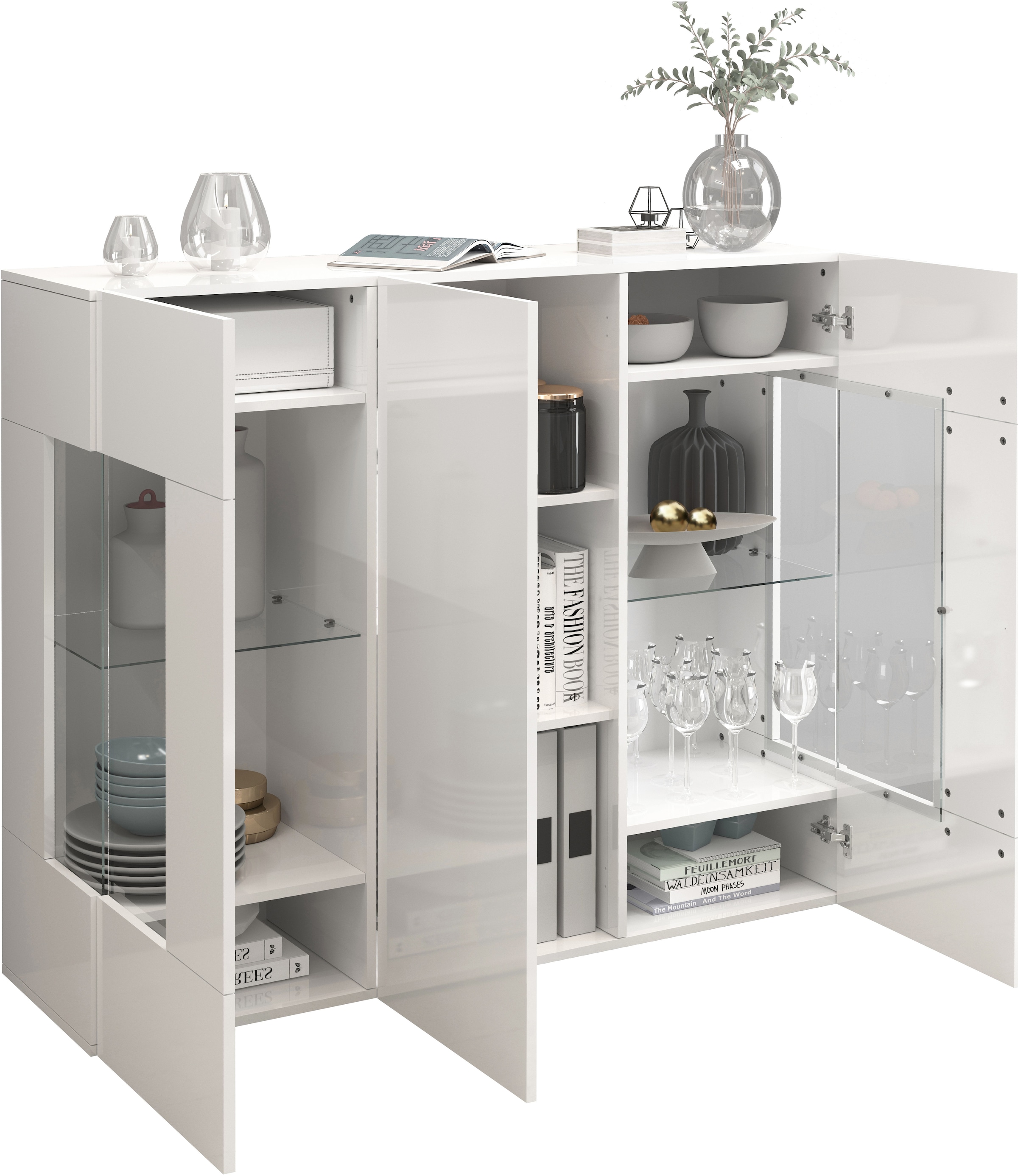 INOSIGN Highboard »Egypt, Highboard, Hochschrank, Hochkommode, Vitrine«, mit 3 Türen davon 2 mit Glaseinsatz,kompl. Hochglanz lack.,Breite 135