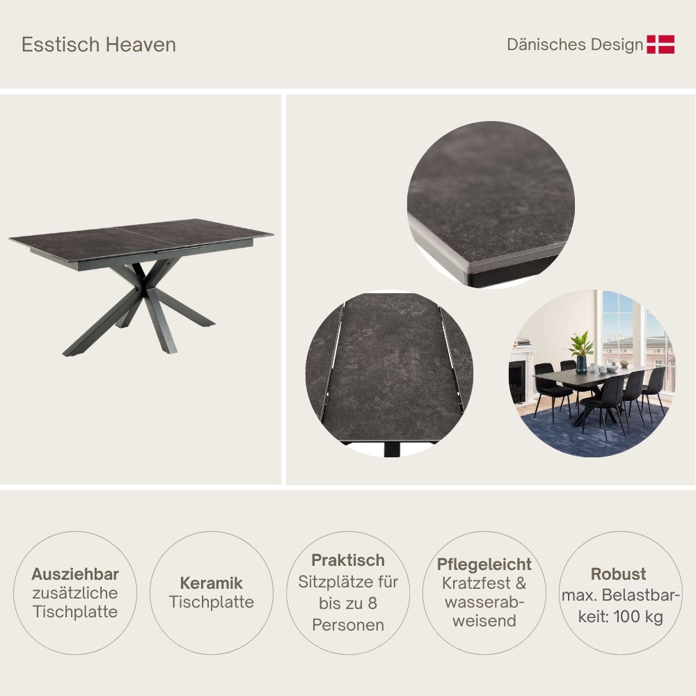 ACTONA GROUP Esstisch »Heaven, Rechteckig Tischplatte aus rauer Keramik, Kreuzfuß, ausziehbar« Kratzfest, wasserabweisend, Sitzplatz für 4-8 Personen, B: 168/210 cm