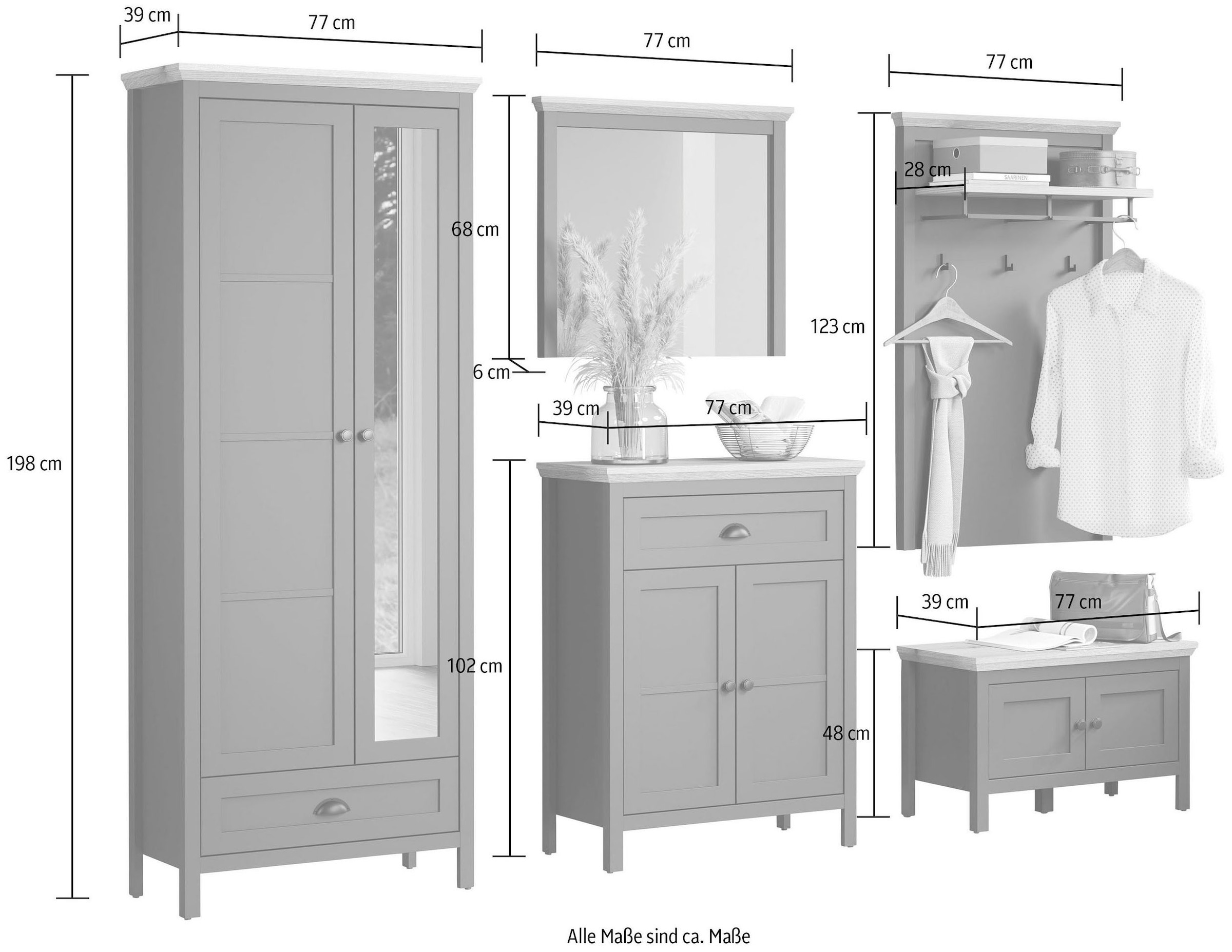 Home affaire Garderoben-Set »Vienna«, (5 St.), inkl. Schrank, Kommode, Schuhbank, Spiegel und Garderobenpaneel