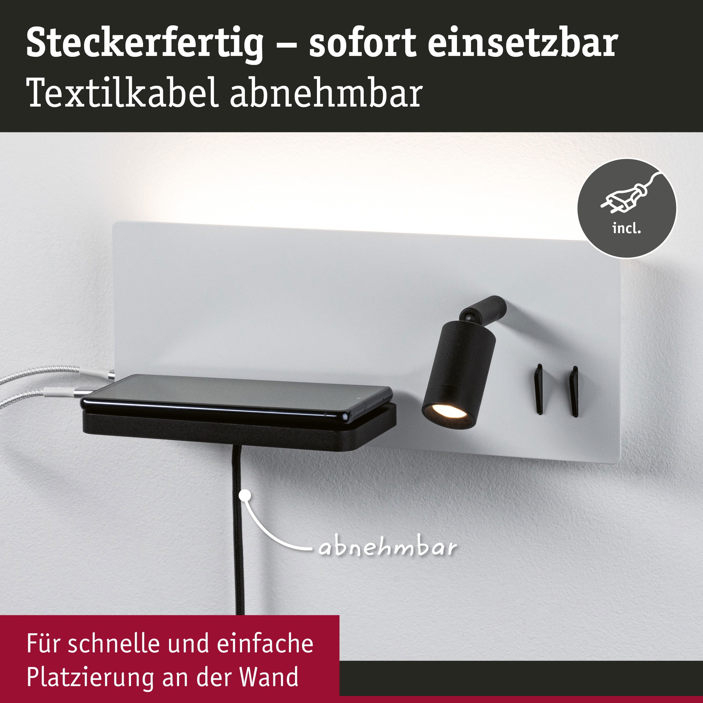 Paulmann LED Wandleuchte »Serra 2700K 650lm / 200lm 230V 5,5 / 1x2,6W« 1 Stk. Warmweiß Bettleuchte, USB C, dimmbar