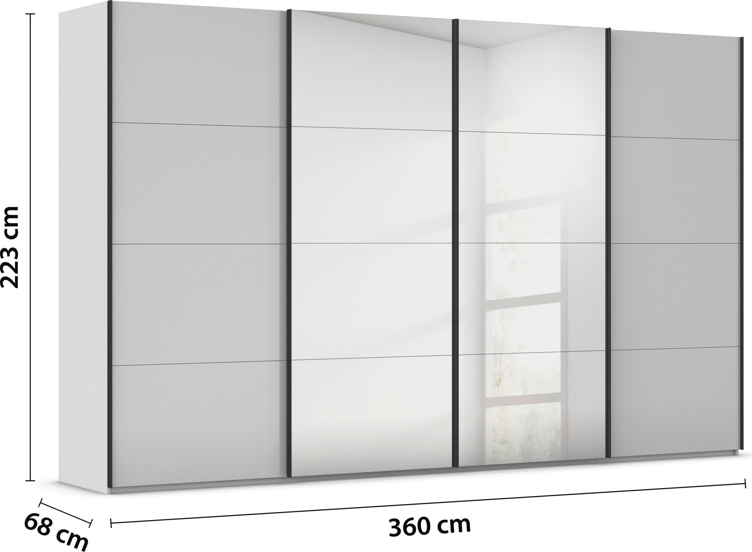 rauch Schwebetürenschrank »Kleiderschrank Schrank Garderobe Schlafzimmerschrank SCALE-FYRA«, edle viergeteilte Türen Spiegel/Glas-Mix viele Farben MADE IN GERMANY