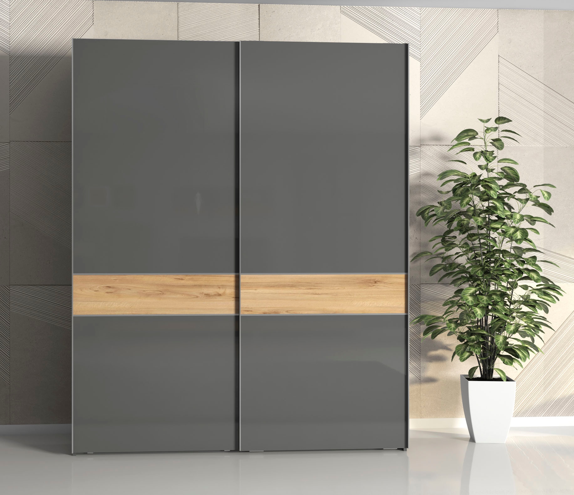 Places of Style Kleiderschrank »Onyx, Schwebetürenschrank inklusive Innenleben, FSC-zertifiziert«, (in 3 Breiten: 182, 230 oder 272cm, Höhe 224cm), UV lackiert, hochglänzend anthrazit, mit Soft-Close Funktion