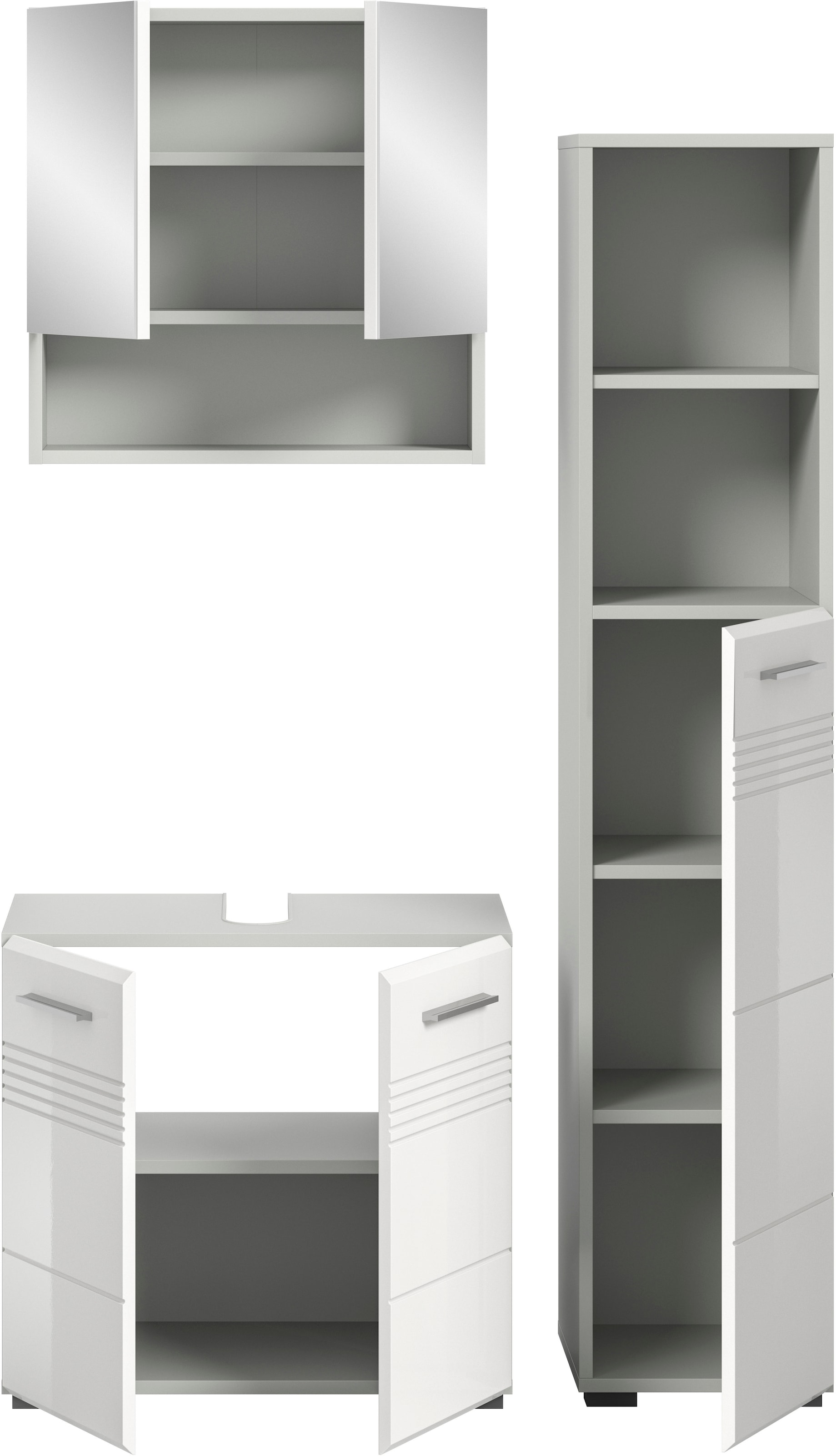 welltime Badmöbel-Set »Calicio, bestehend aus: Waschbeckenunterschrank, Spiegelschrank,«, (3 St.), Hochschrank, hochwertige MDF Front mit Rillenfräsung