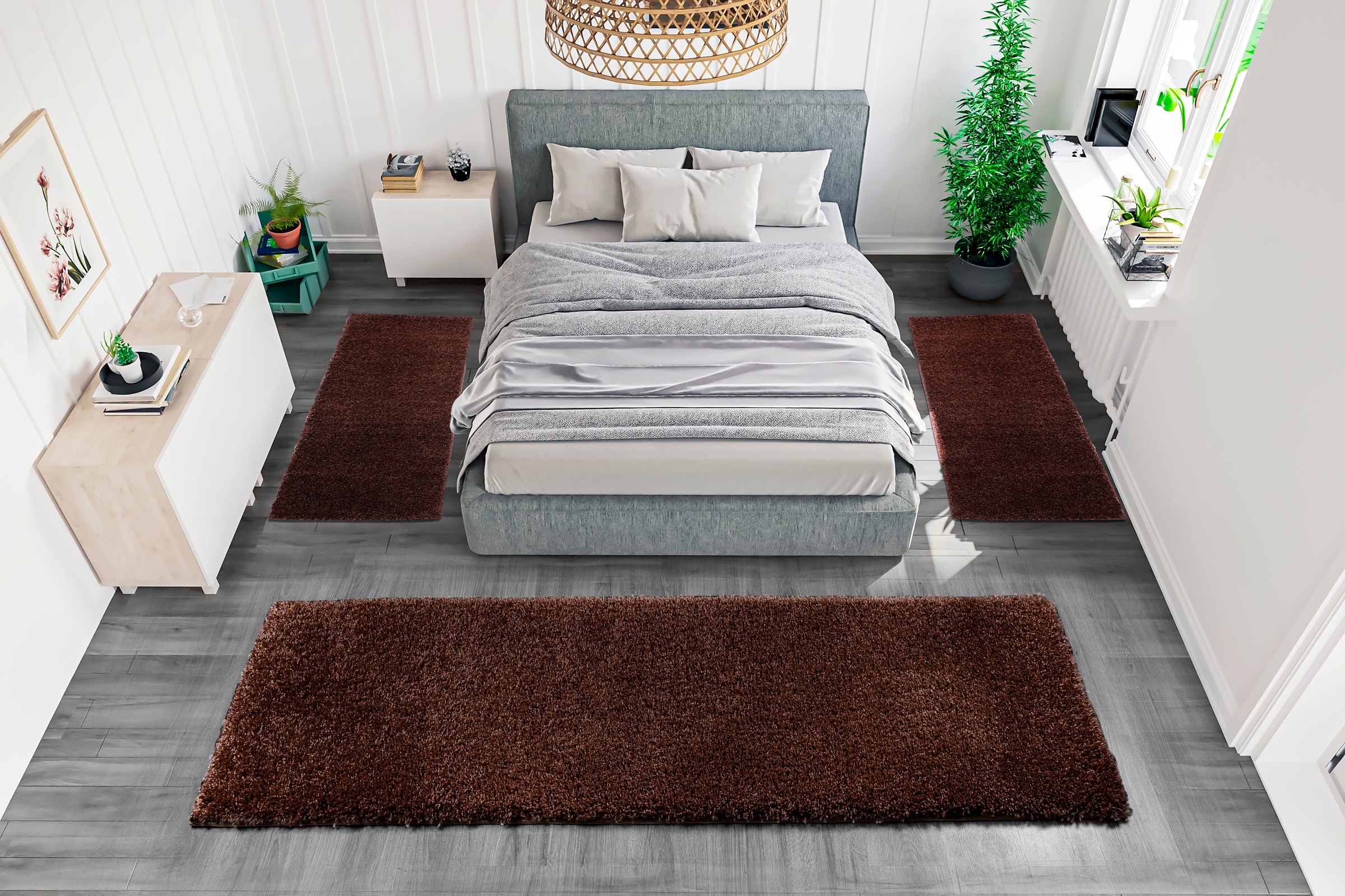 Bruno Banani Bettumrandung »Shaggy Soft«, (3 tlg.), gewebt, Uni-Farben, besonders weich, Bettvorleger, Läufer-Set
