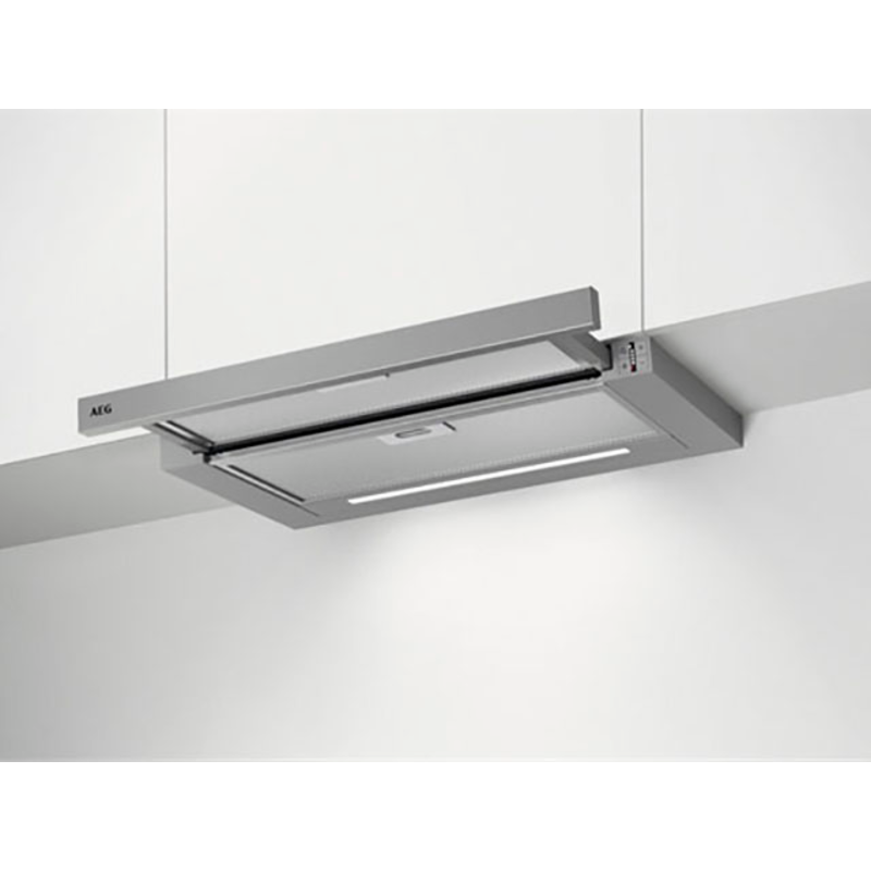 AEG Flachschirmhaube »DPS5650AM 942022603« 3 Stufen + Intensivstufe, Abluft- und Umluftbetrieb, LED-Leuchtstreifen grau Metall-Fettfilter: Für...