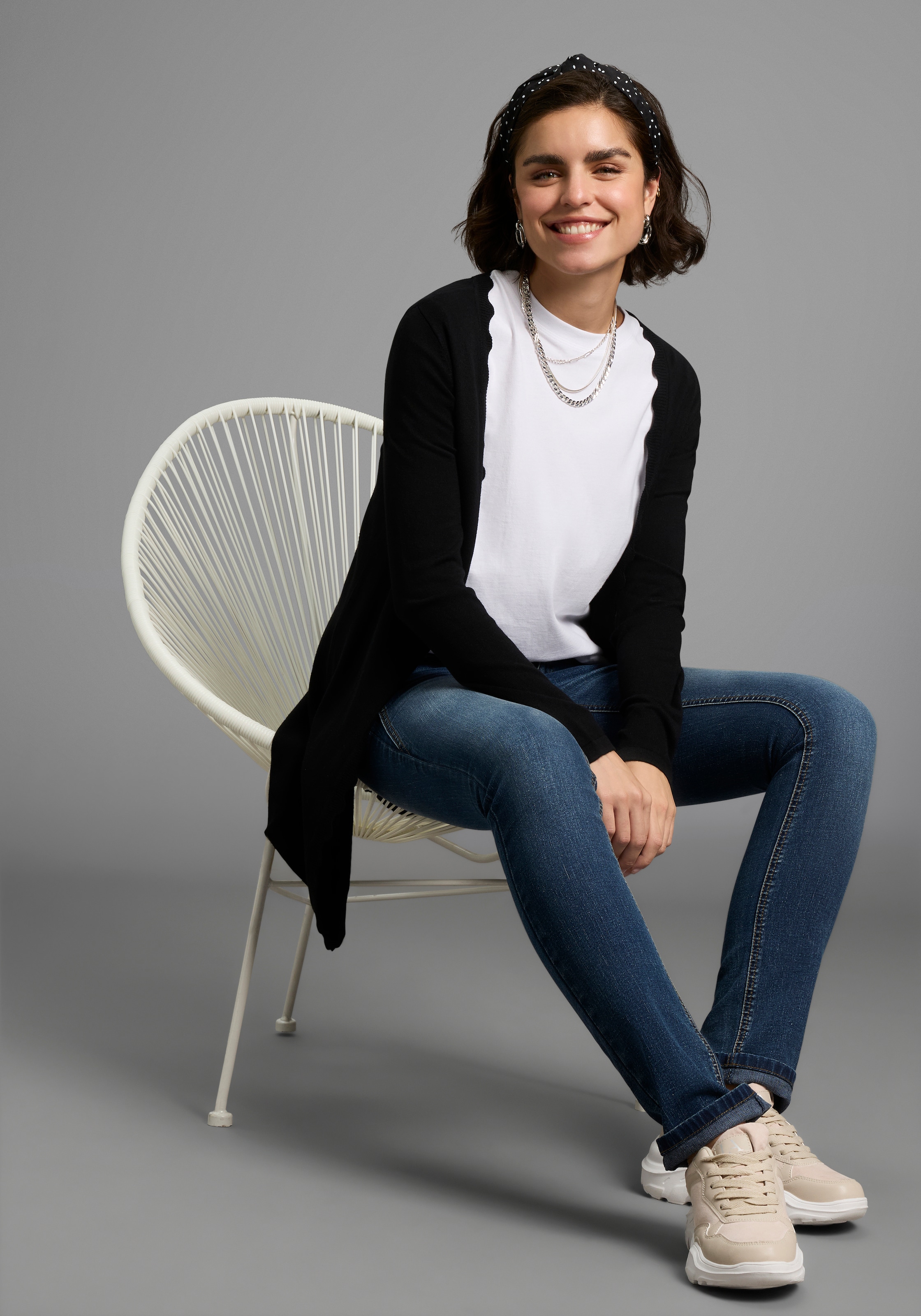 Laura Scott Strickjacke Feinstrick in Longform mit femininer Wellenkante