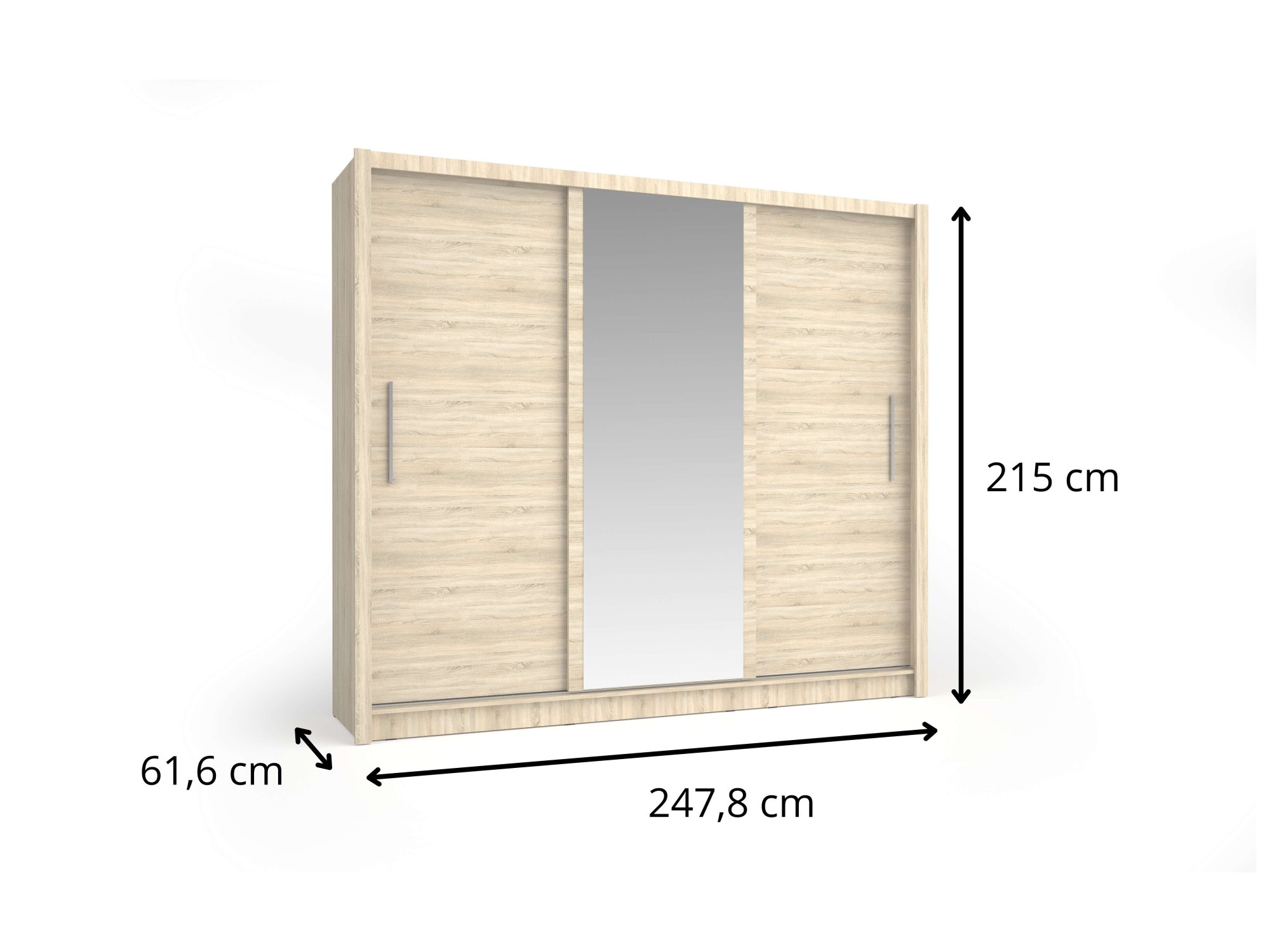 Home affaire Kleiderschrank »BELAVIEN Schwebetüren mit 15 Fächer, Kleiderstange und Spiegel« Garderobe mit 3 Schwebetüren und Spiegel, Maße B/T/H: 247,8/61,6/215