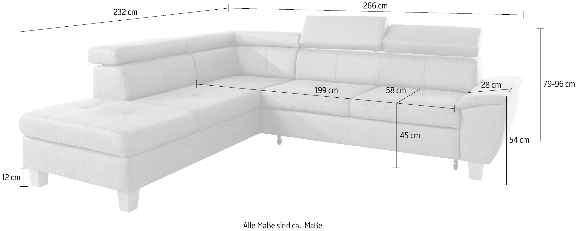 exxpo - sofa fashion Ecksofa »Enya, hoher Sitzkomfort, Breite 266cm, bequem, 12cm hohe Füße, L-Form« mit Kopfteilverstellung, wahlweise Bettfunktion u. Bettkasten