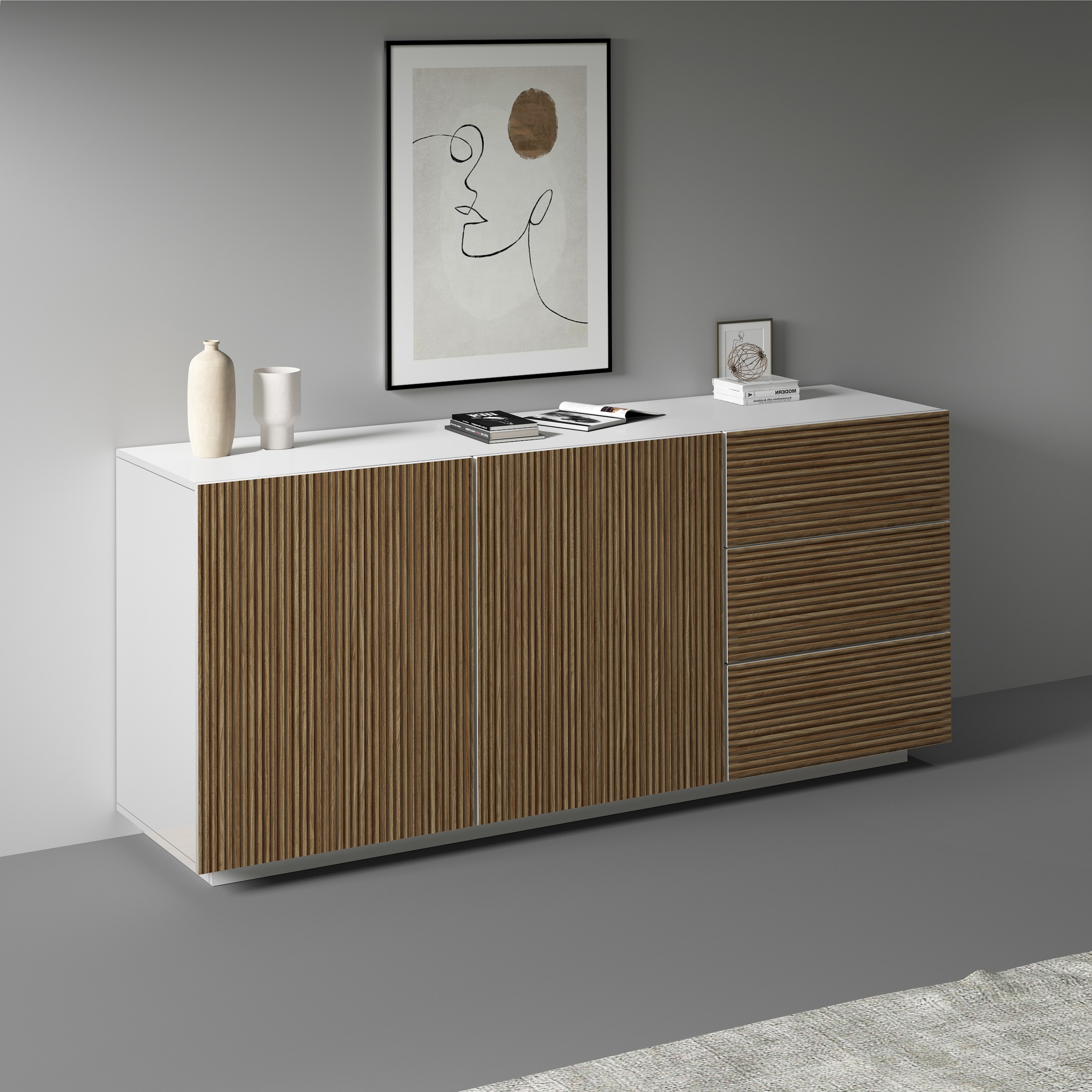 INOSIGN Sideboard »Vega Sideboard,Kommode,180 cm«, mit 2 Türen und 3 Schubladen,Fronten mit Rillen-Optik