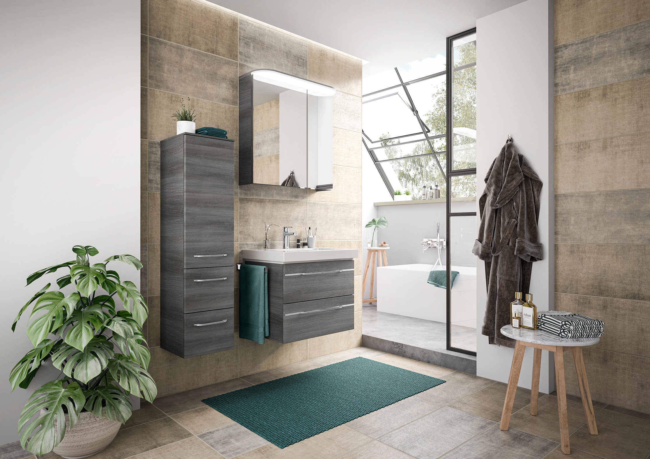 Saphir Badmöbel-Set »Balto Sprint 3-teilig, Mineralmarmor-Waschtisch mit LED-Spiegelschrank«, (4 St.), inkl. Türdämpfer, 100 cm breit, mit Midischrank, 3 Türen, 4 Schubladen
