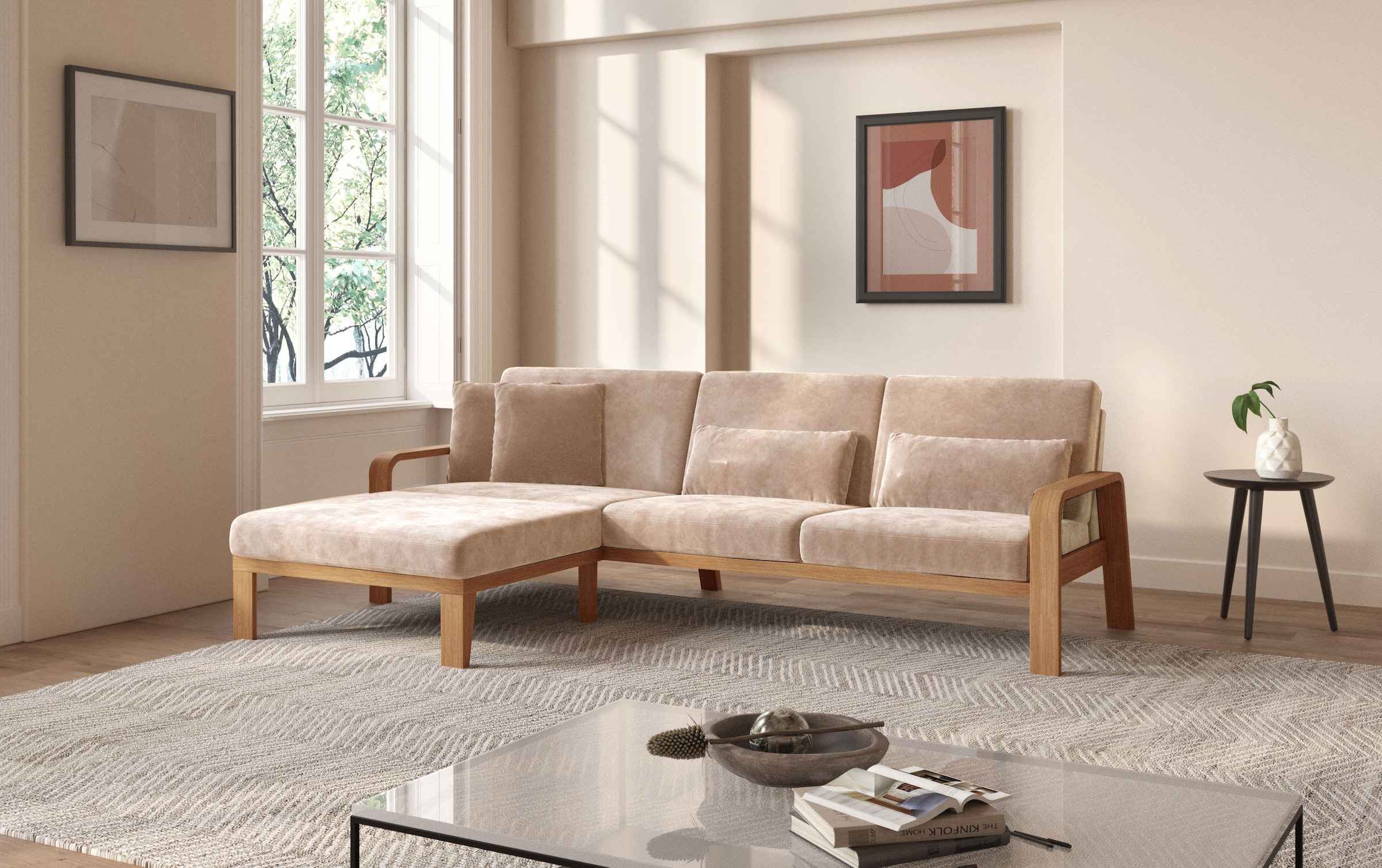 sit&more Ecksofa »Kolding L-Form«, Armlehnen aus eichefarbigem Buchenholz, verschiedene Bezüge und Farben