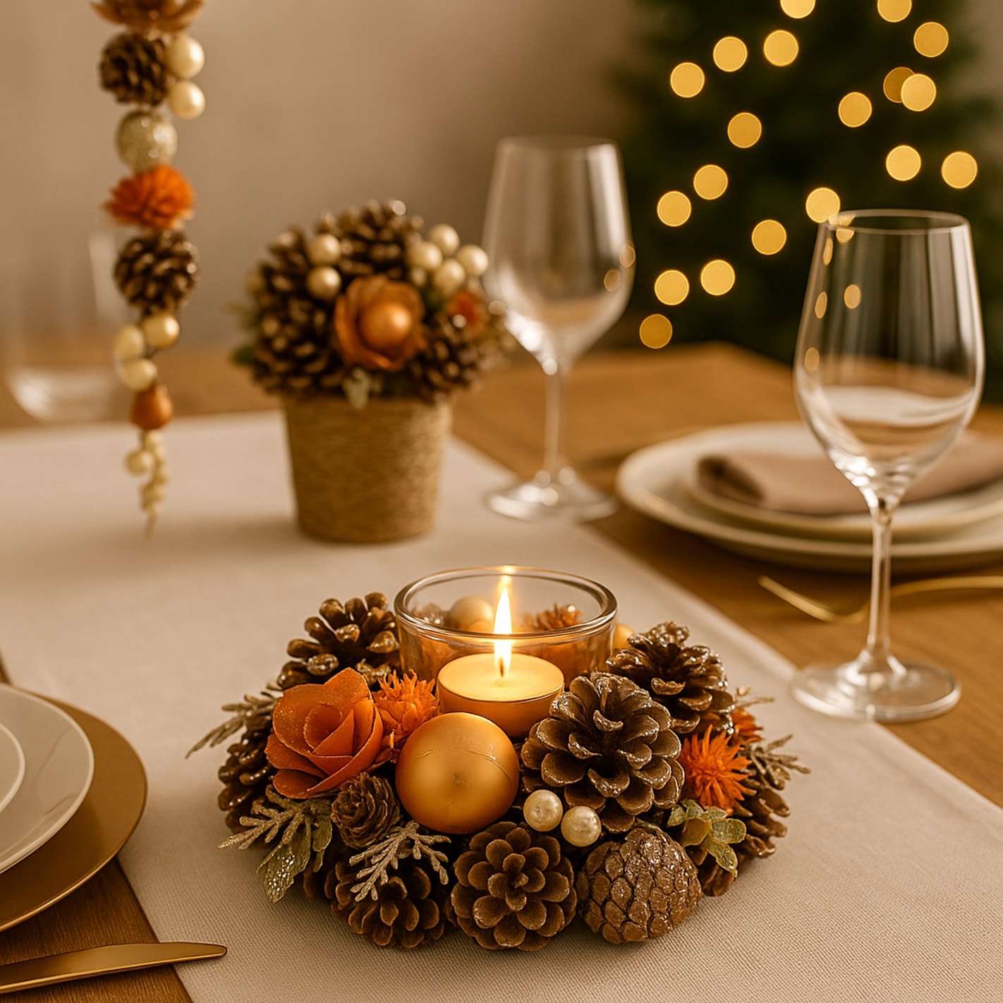 I.GE.A. Teelichthalter »Natur-Teelichthalter« aus Trockenblumen Zapfen Christkugeln Beeren, mit Glaseinsatz