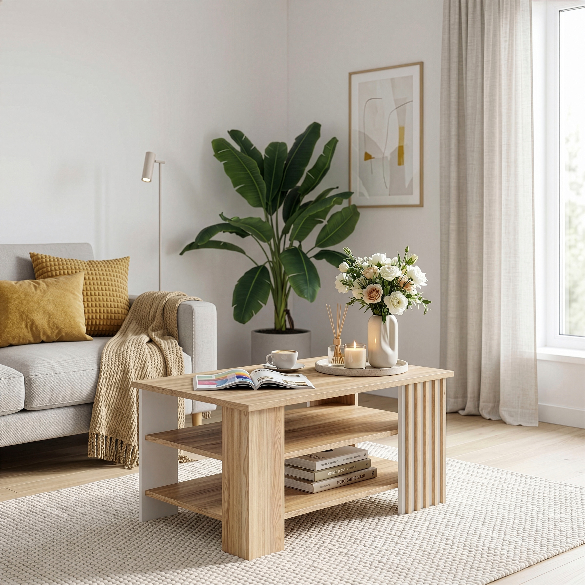 FORTE Couchtisch »Forte Arank Coffee Table 100x50, 2 Ablageböden« B/H/T 100/50/60 cm, Lamellenoptik