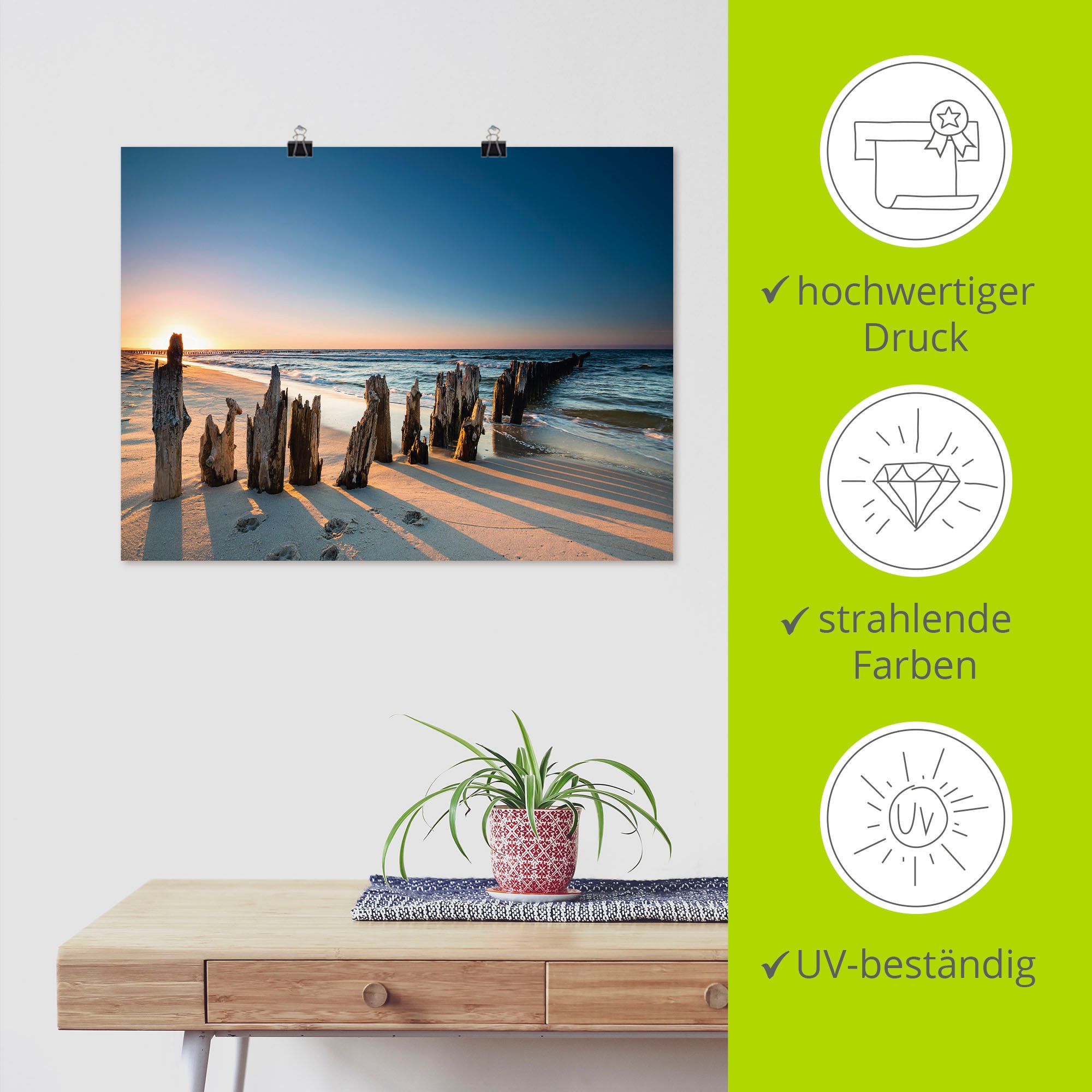 Artland Wandbild »Sonnenuntergang Strand Wellenbrecher«, Meer Bilder, (1 St.), als Alubild, Outdoorbild, Leinwandbild, Poster, Wandaufkleber