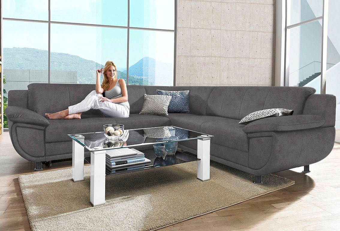 TRENDMANUFAKTUR Ecksofa »Rondo wahlweise mit Schlaffunktion, 267x247 cm (BxT), breite Armlehnen« L-Form, wahlweise mit Federkern bestellbar, Füße schwarz