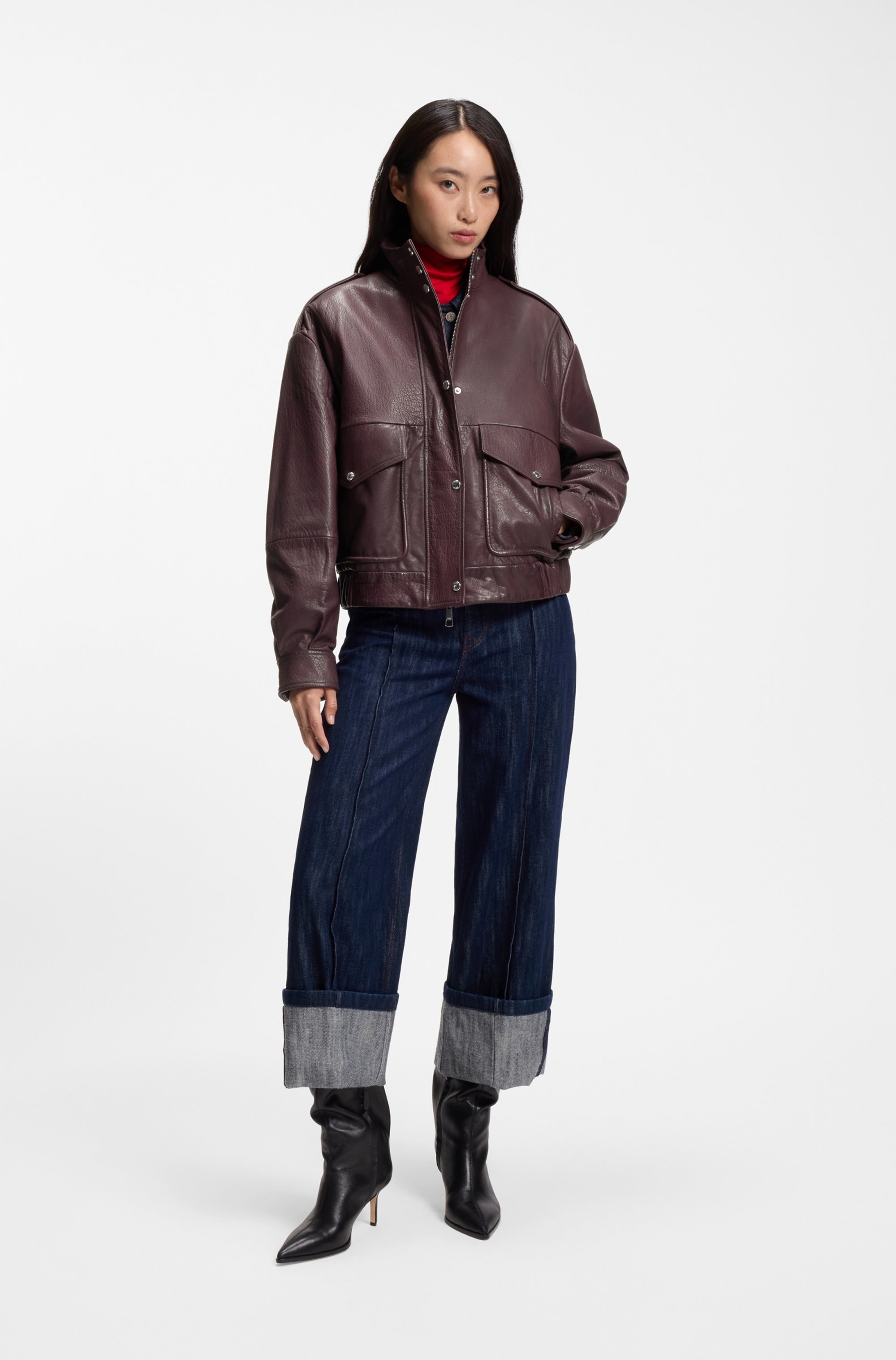 BOSS ORANGE Lederjacke »Sabea Premium Damenmode« mit Stehkragen, Relaxed Fit