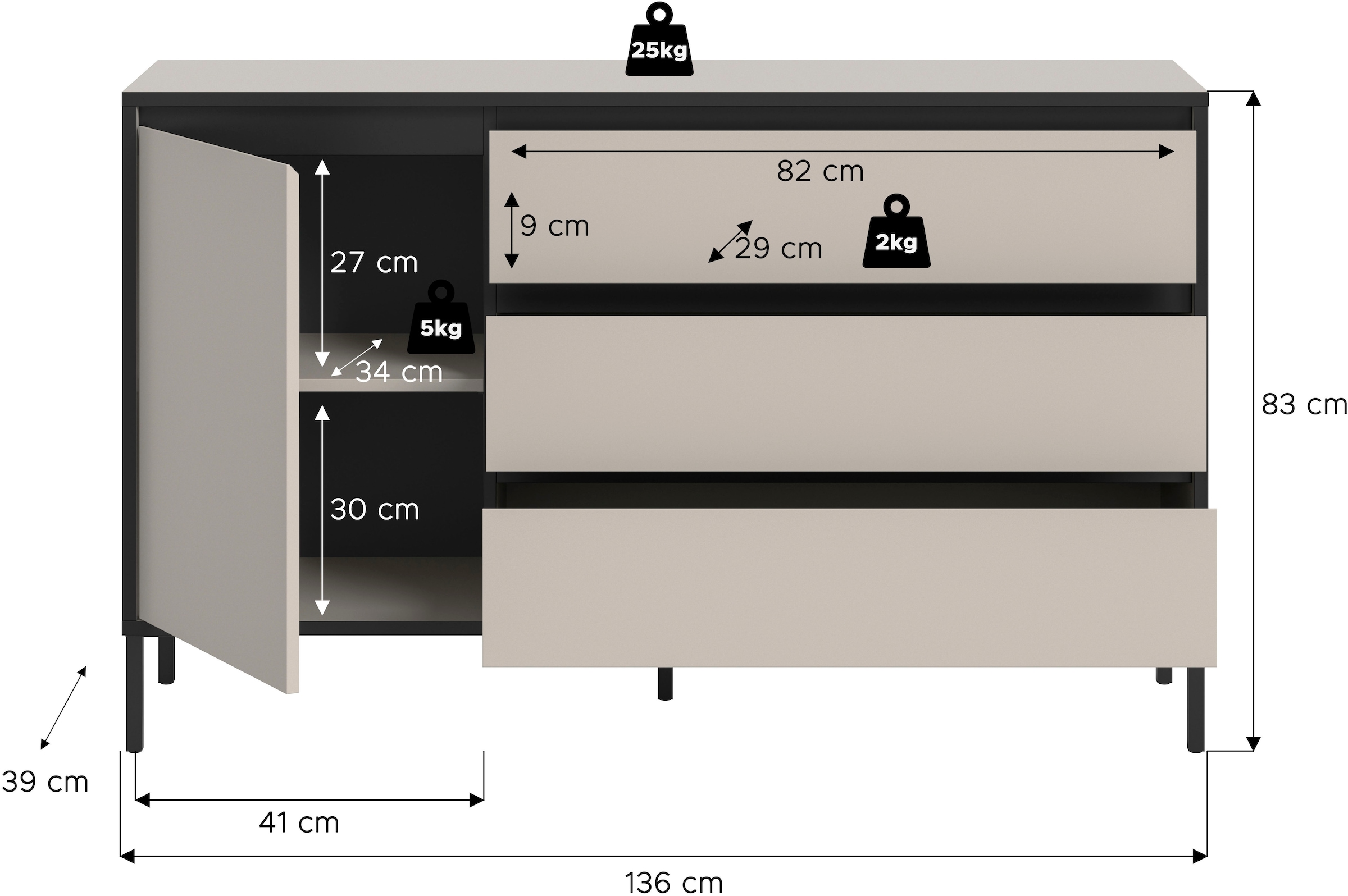 INOSIGN Sideboard »NORT, Breite: 136cm, mit Metall Stabfuß, 1 Tür, 3 Schubkästen«, Anrichte, Kommode, Schrank, Board, Higboard