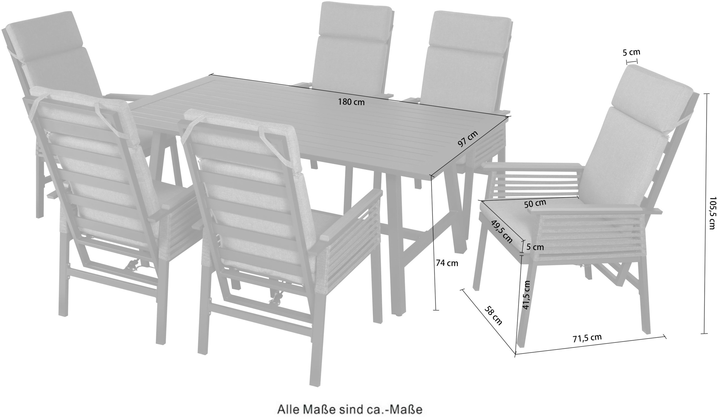KONIFERA Garten-Essgruppe »Edessa Komfort«, (Set, 13 tlg., 6x Stuhl mit Rückenverstellung, 1x Tisch 180x97x74 cm, inkl. Auflagen), Tischplatte aus Alu-Lamellen,Armlehne mit Seilgeflecht&Noonwood-Latten