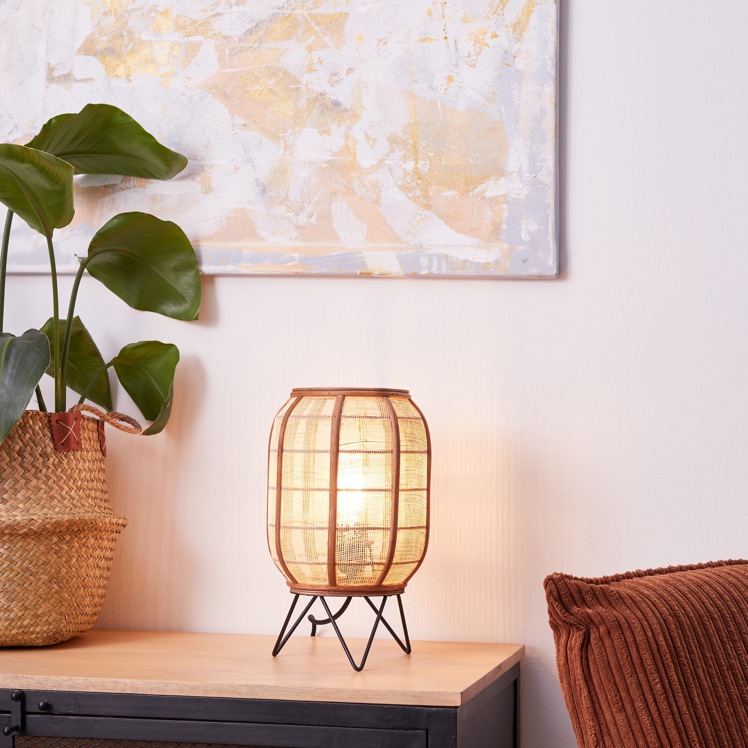 Home affaire Tischleuchte »Rouez«, 1 flammig, Leuchtmittel E27 | ohne Leuchtmittel, Tischlampe im Nature Style mit 32cm Höhe, Schirm aus Textil und Holz