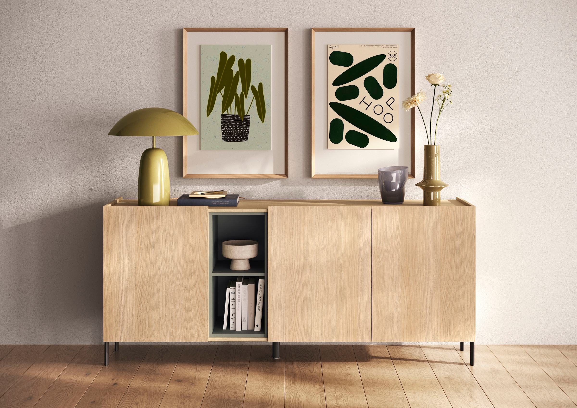 OTTO home Sideboard »Badia, 182 cm breit, 3 Türen, Anrichte, Kommode, Stauraumschrank« Innenliegendes Top, gerade Metallfüße, salbeigrüne Farbakzente