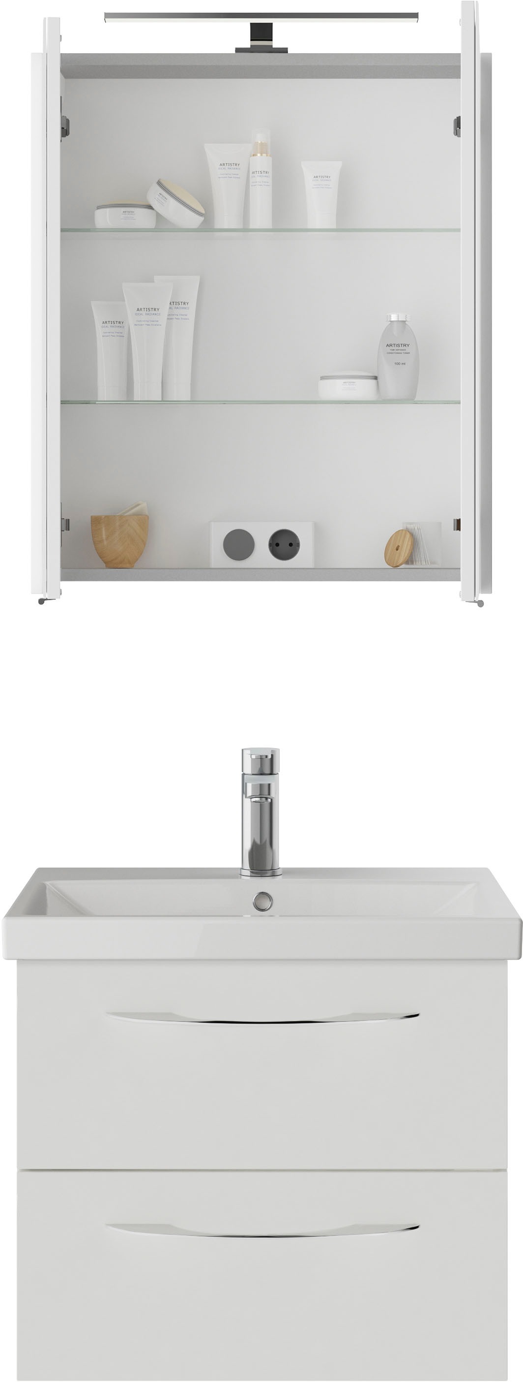 Saphir Badmöbel-Set »Serie 4035 2-teilig, Keramikwaschtisch mit LED-Spiegelschrank«, (Set), 60 cm breit, inkl. Türdämpfer, 2 Schubladen, 2 Türen, 2 Einlegeböden