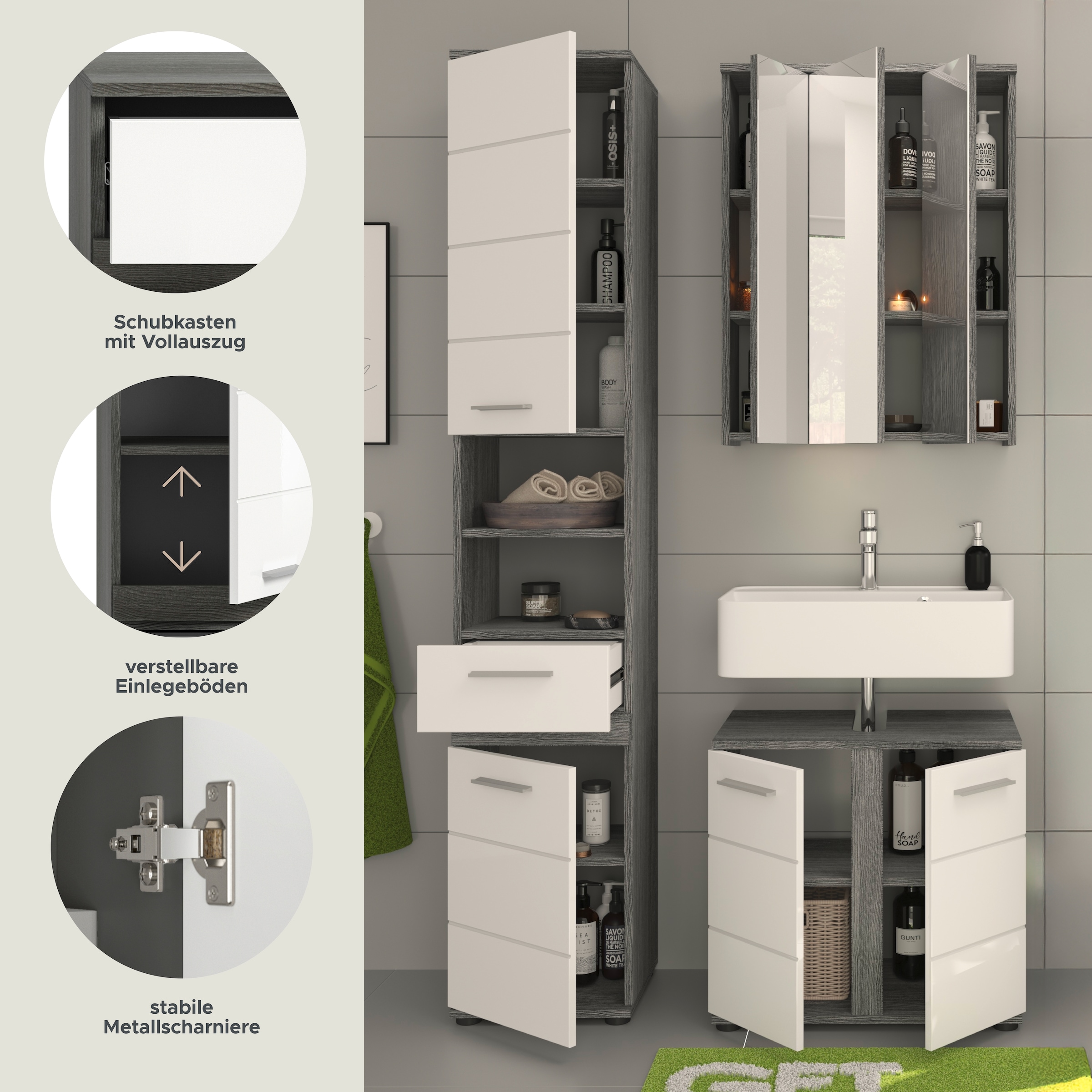 welltime Badmöbel-Set »LUCCA, 3 teilig,TOPSELLER!, MDF Hochglanzfront, bestehend aus:«, (Set, 3 St.), Hochschrank, Waschbeckenunterschrank, Spiegel