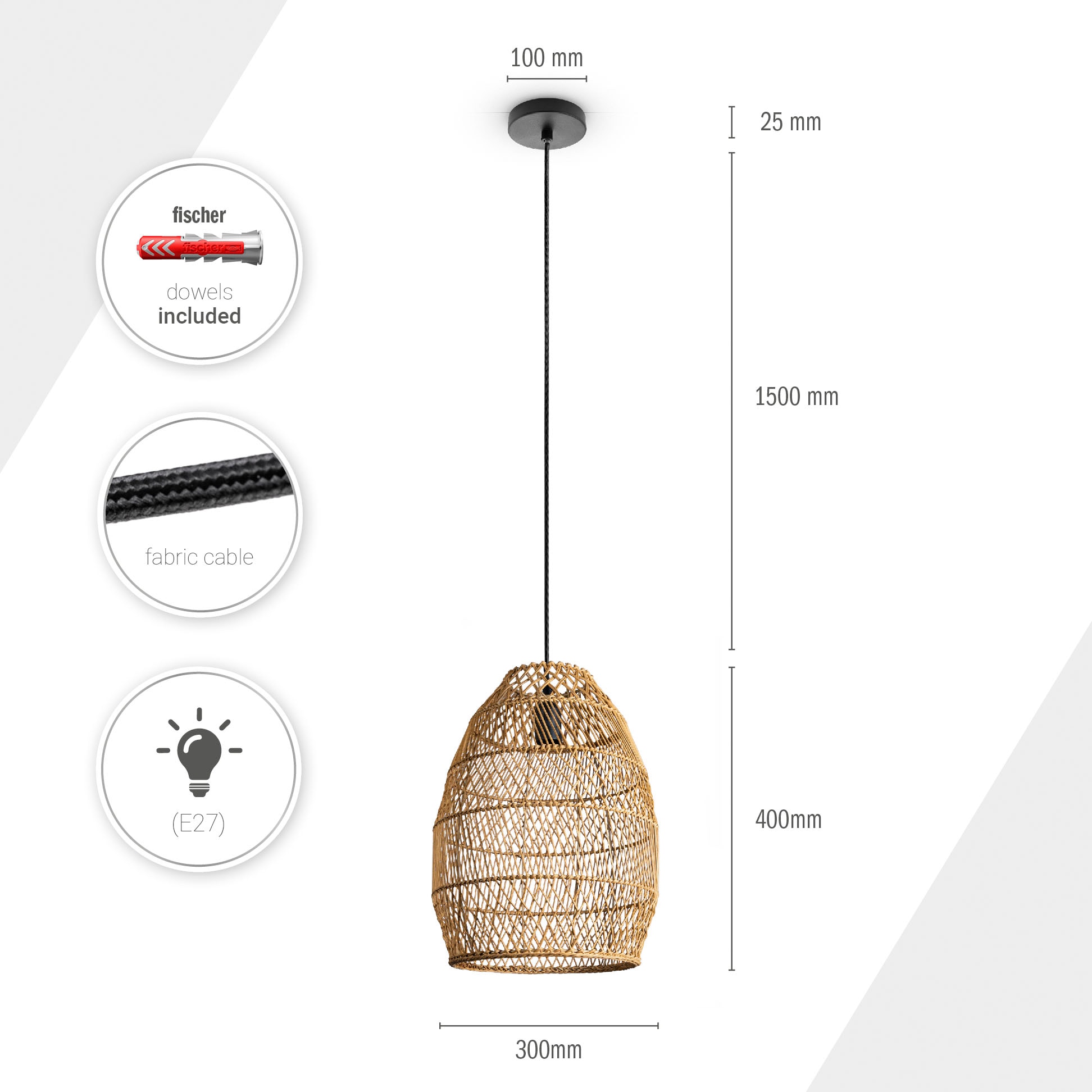 Paco Home Pendelleuchte »VIHMO«, Leuchtmittel E27 | ohne Leuchtmittel, Rattan Esstisch Pendellampe LED Boho Rustikal Korblampen Küche E27