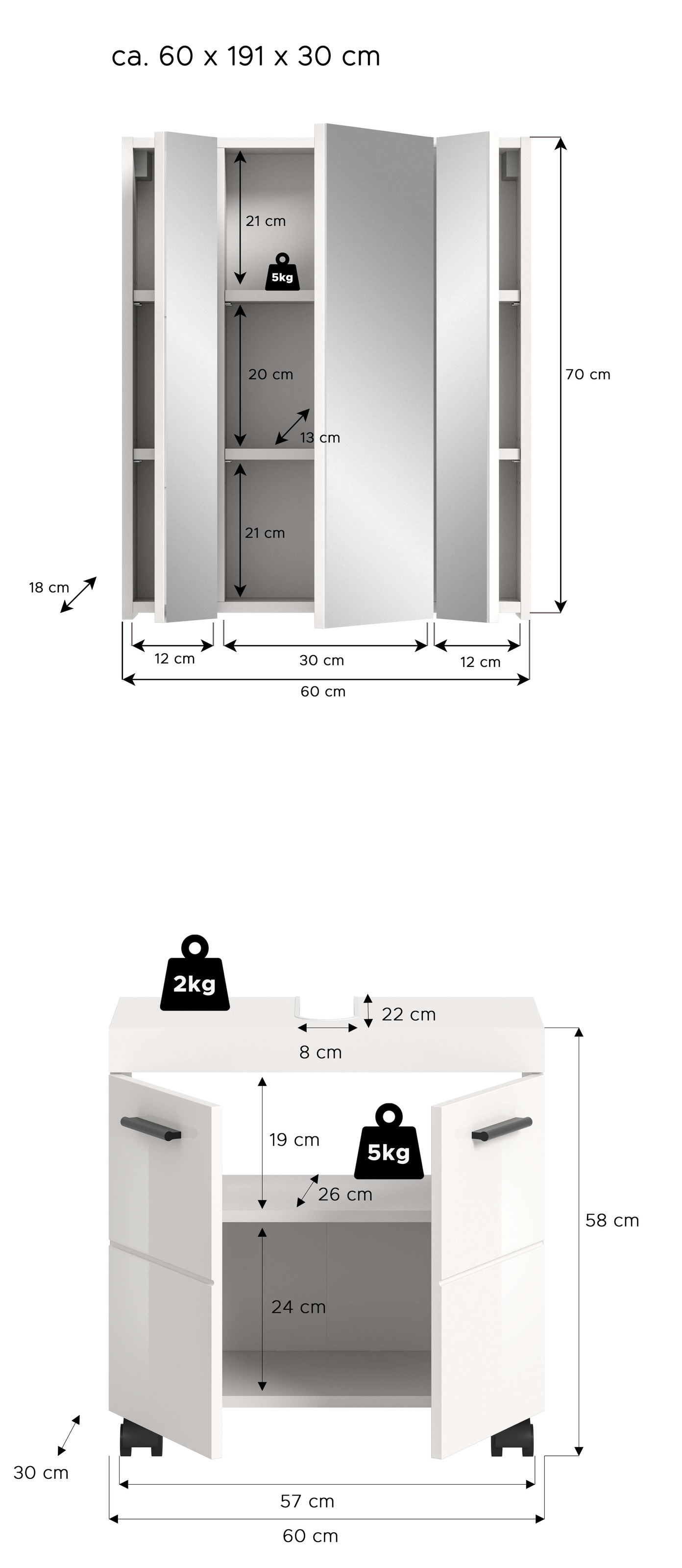 welltime Badmöbel-Set »AVON, Breite 60 cm, 2-teilige moderne Badkombination, auf Rollen« bestehend aus: Waschbeckenunterschrank & Spiegelschrank, 2 Stk. tlg.